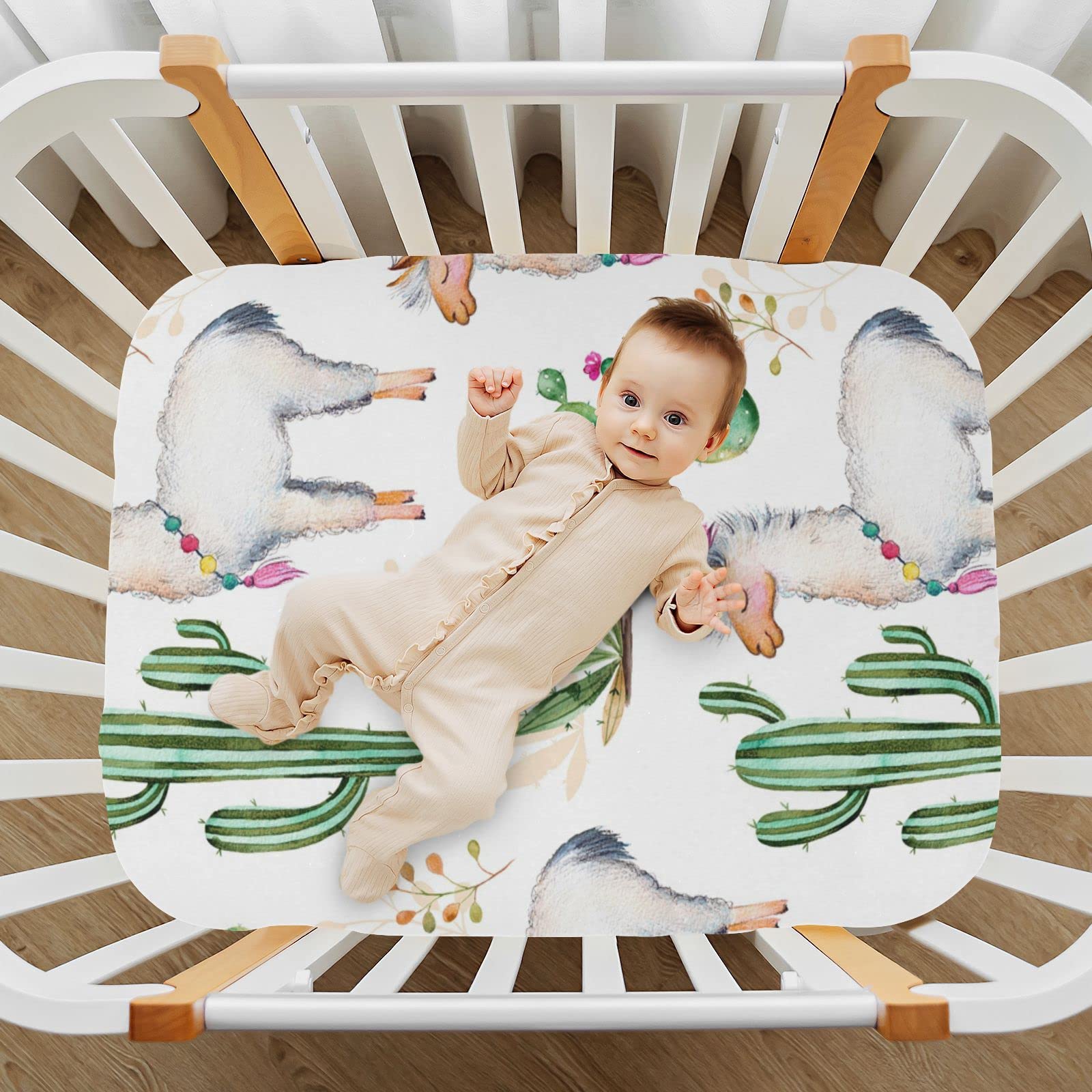 Spannbettlaken für Kinderbett, niedliches Lama-Kaktus-Muster, weich, atmungsaktiv, pflegeleicht, Spannbetttuch für Babybett und Kinderbetten