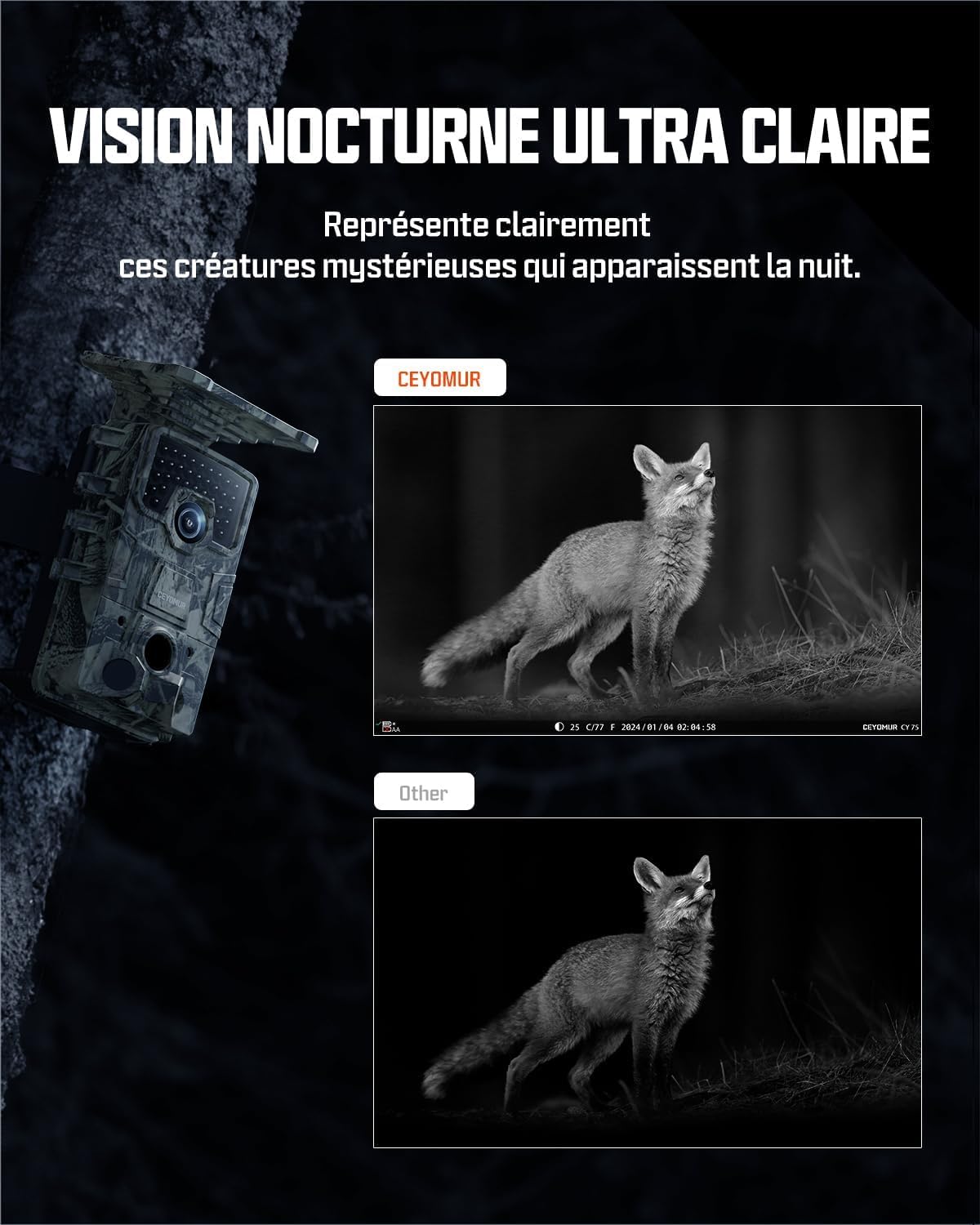 CEYOMUR Solaire Camera de Chasse, 4K 64MP 30fps WiFi 6 Caméra de Chasse | Carte SD 64GB, 0,1s Activée par Mouvement, IP66 Étanche Vision Nocturne, 5200mAh Batterie Rechargeable