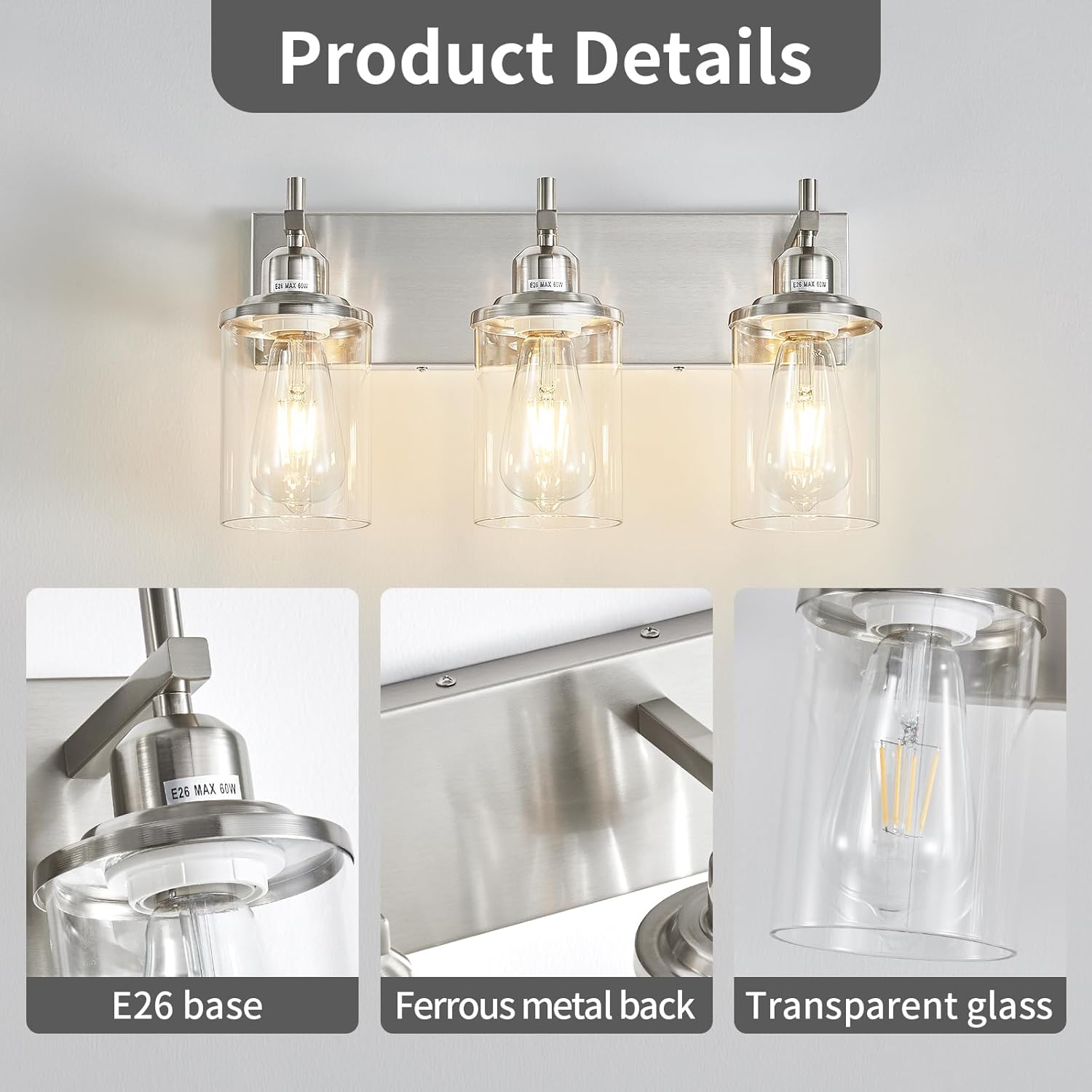 Lanhall 3-Light Brushed Nickel Bathroom Light Fixture Over Mirror Modern Bathroom Vanity Light Vintage Wall Lighting with Clear Glass Shade for Bathroom, Bedroom, Hallway, Cabinet
