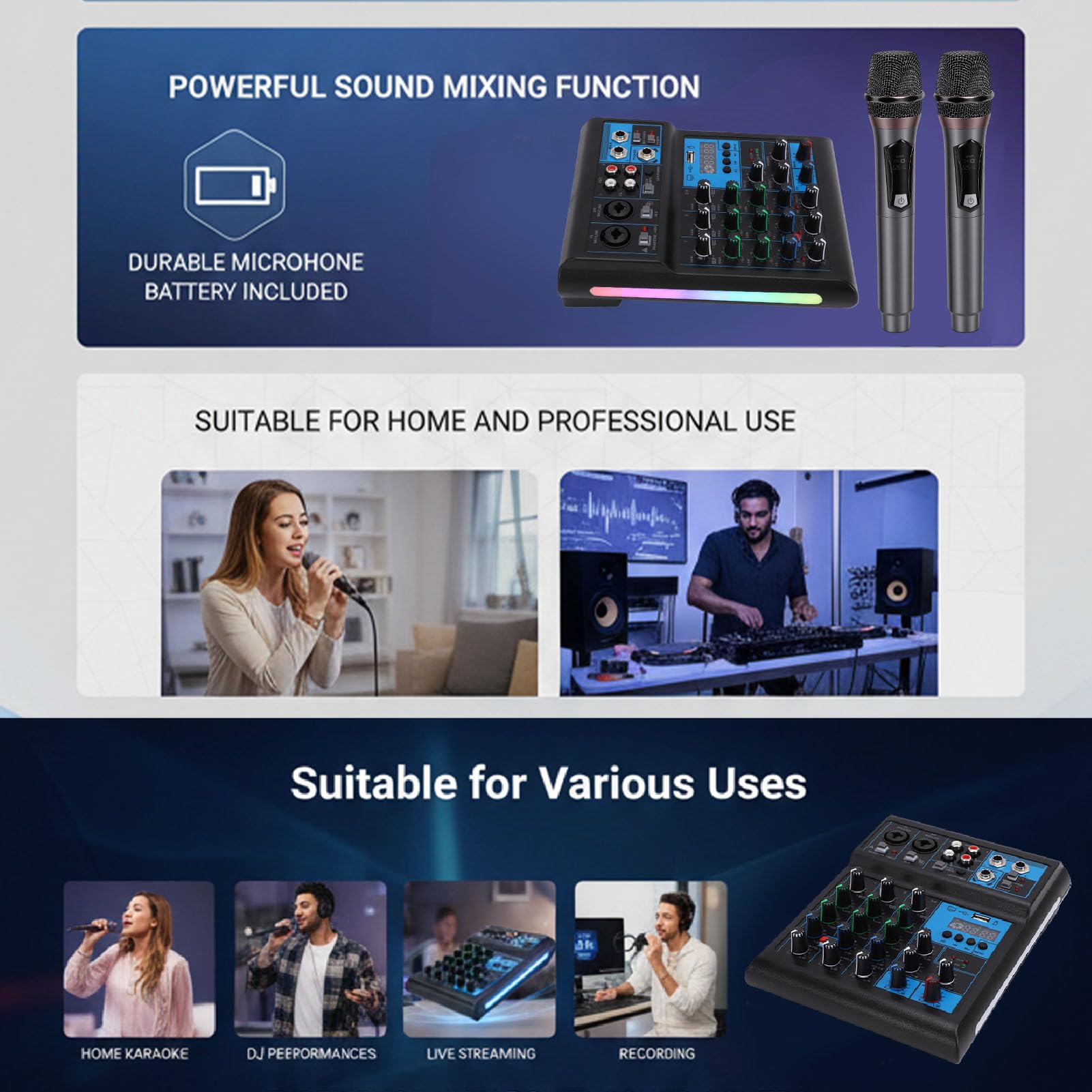Fockety Mixer Audio con Doppi Microfoni, Scheda Audio Professionale a 4 Canali con Bluetooth, Ingresso USB MP3 e Alimentazione 48 V, Mixer DJ per Karaoke, Podcasting