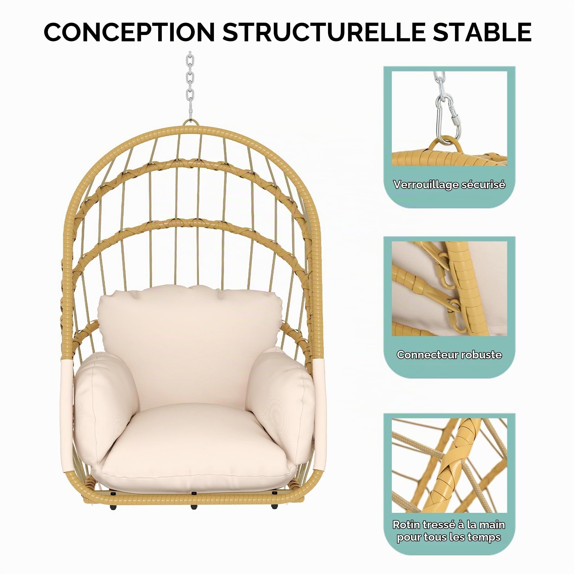 YITAHOME Fauteuil Suspendu, sans Cadre, en rotin, avec Coussin Lavable, capacité de Charge de 160 kg, Pliable, pour terrasse, Jardin, Chambre et Balcon, Beige