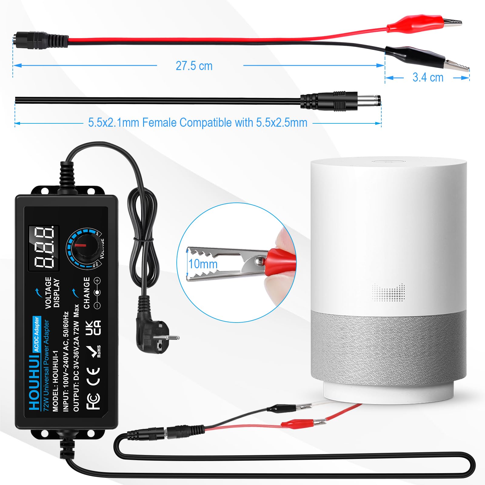 3V-36V Einstellbares Netzteil Universal Netzteiladapter 2A 72W Verstellbarer Netzadapter 100V-240V AC to DC mit LED Spannungsanzeige und 5,5x2,5mm 16Tipps für Haushaltselektronik, DC Motor 2A Max