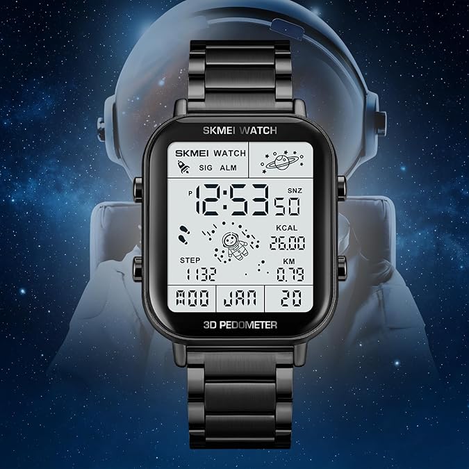 SKMEI Watch for Men Square Dial 3D Pedometer Sports Digital Watch with 50M Waterproof Luminous Countdown Stopwatch Dual Time Display Alarm