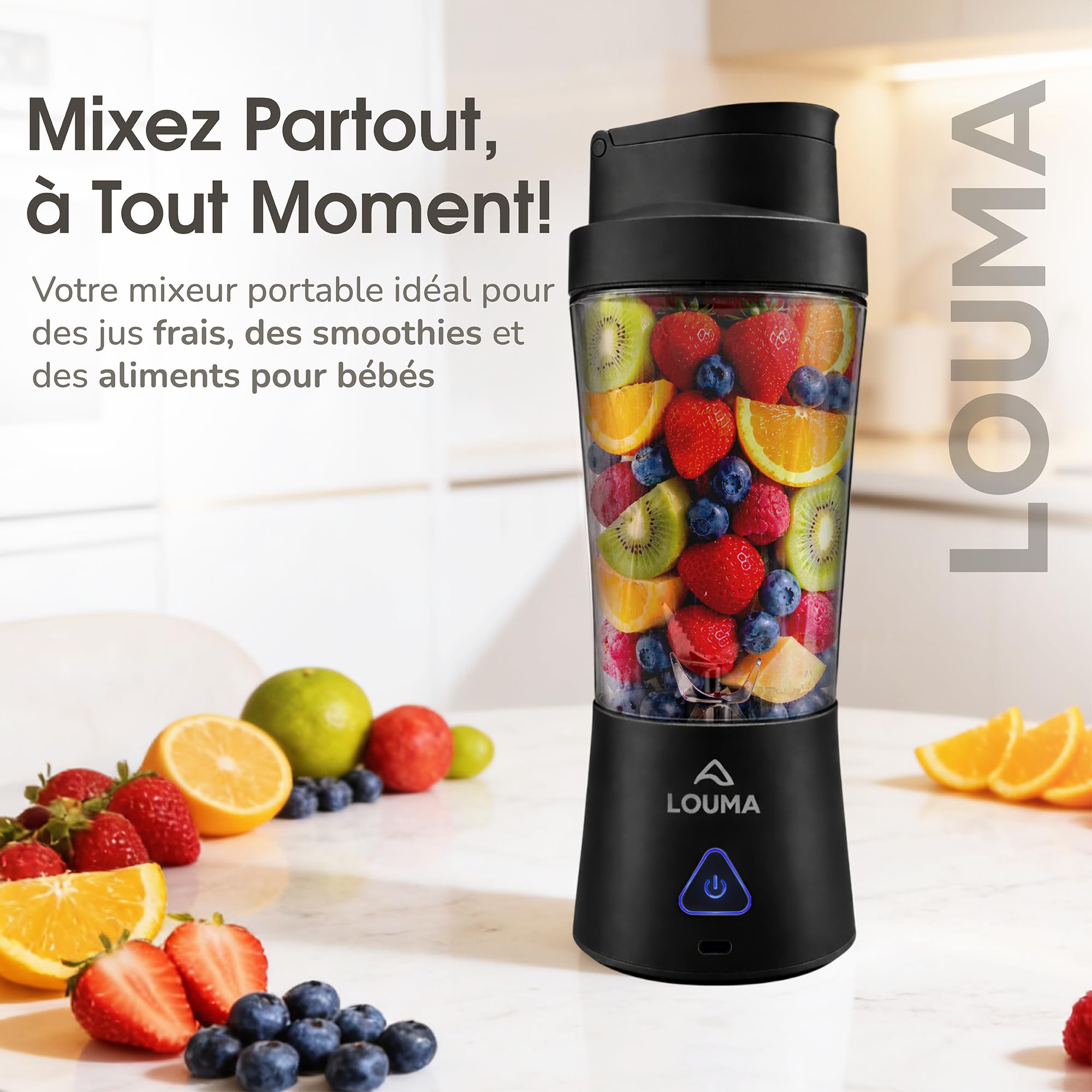 LOUMA Blender Portable 650ml – Mixeur Smoothie Rechargeable USB 6000mAh – 6 Lames Inox Puissantes – Sans BPA – Pour Smoothies, Shakes, Fruits & Glace – Mini Blender Sport & Voyage (Noir)