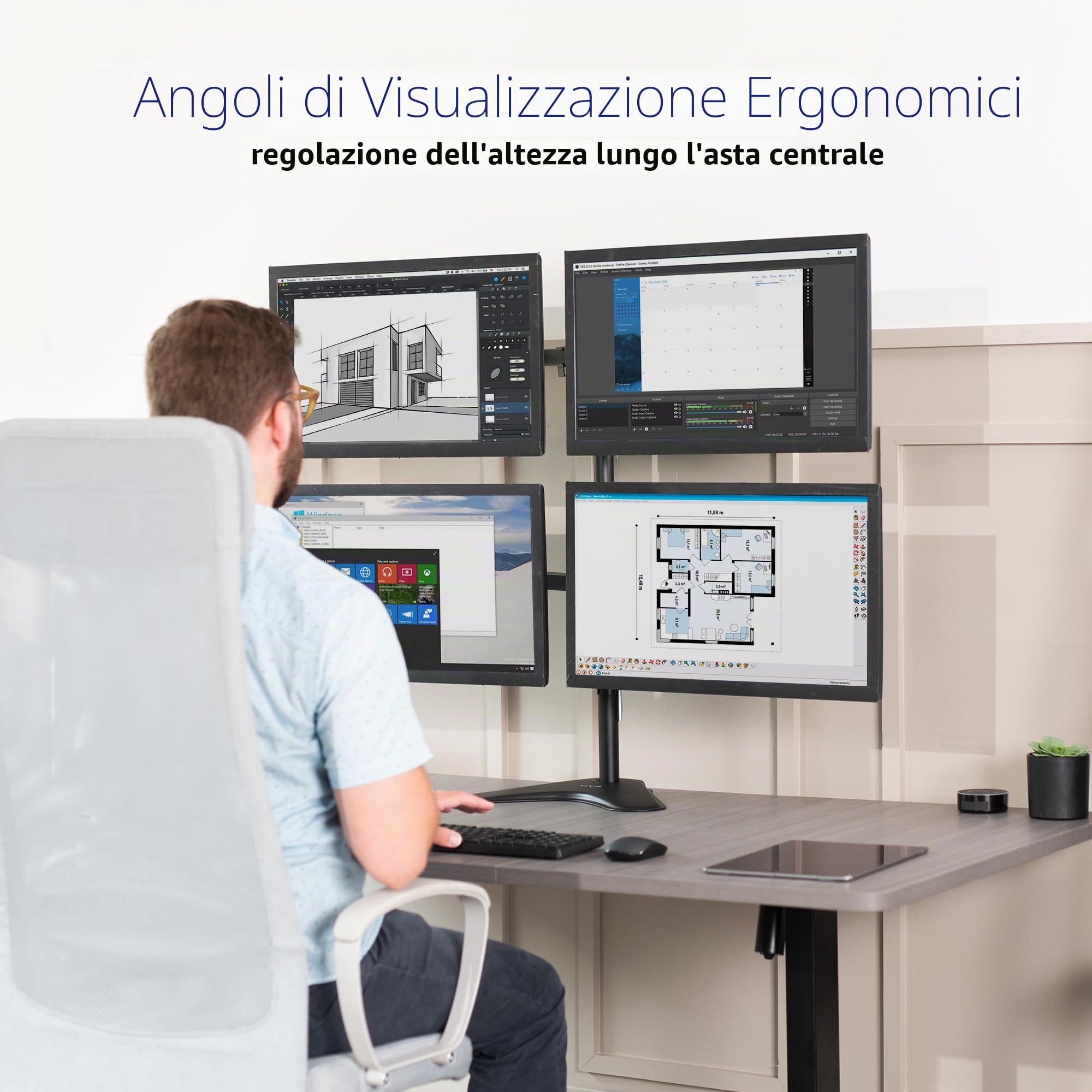 VIVO STAND-V004F - Supporto da tavolo per monitor Quad da 13 a 30", completamente regolabile, può contenere 4 schermi piatti o curvi
