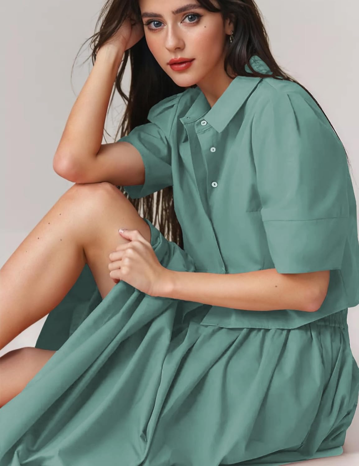 Womens Summer 2 Piece Outfits Skirt Sets Button Short Sleeve Tops Elastic Waist Maxi Dress Sets with Pockets - Image 3