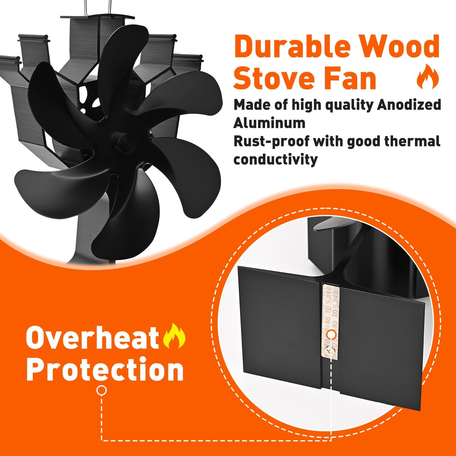 Sckee Wood Stove Fan, Heat Powered Fireplace Fan with Bracket Compatible for Log Burner Wood Burning Stove Accessory for Camping Outdoor Indoor Use (Black)