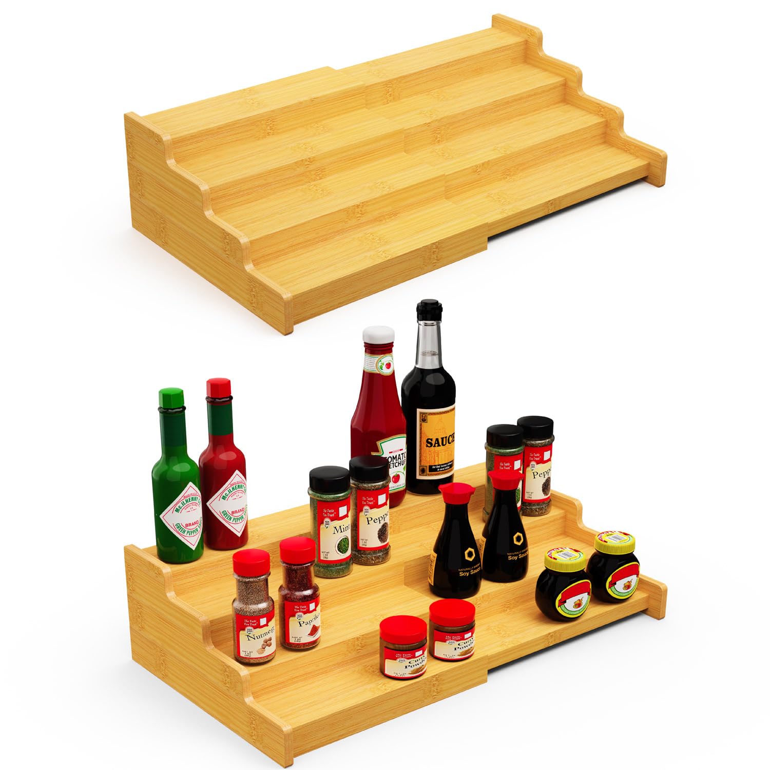 Spice Rack Organizer for Cabinet, 4 Tier Expandable Spice Rack, Bamboo Spice Organizer for Kitchen Cabinet, Pantry and Countertop Organization, Set of 2-Natural