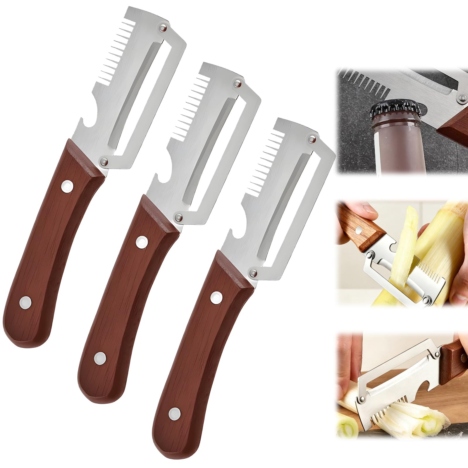 Xivicii 3 Pack 3 in 1 Multifunctional Vegetable Peeler, Multi Function Wooden Hand Held Stainless Steel Kitchen Tool
