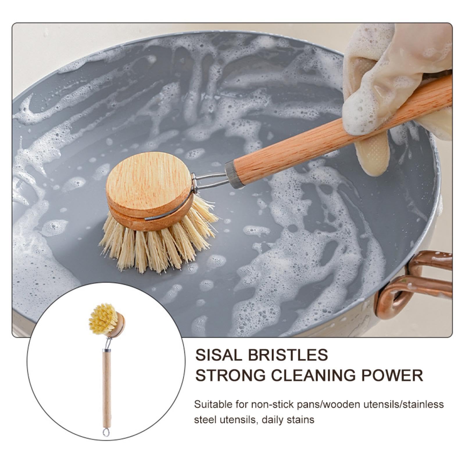 Cepillo para Platos reemplazable con Mango de Madera, quitamanchas, Cepillo portátil para Fregar y Limpiar el hogar, Accesorios de Cocina (Pelo de sisal)
