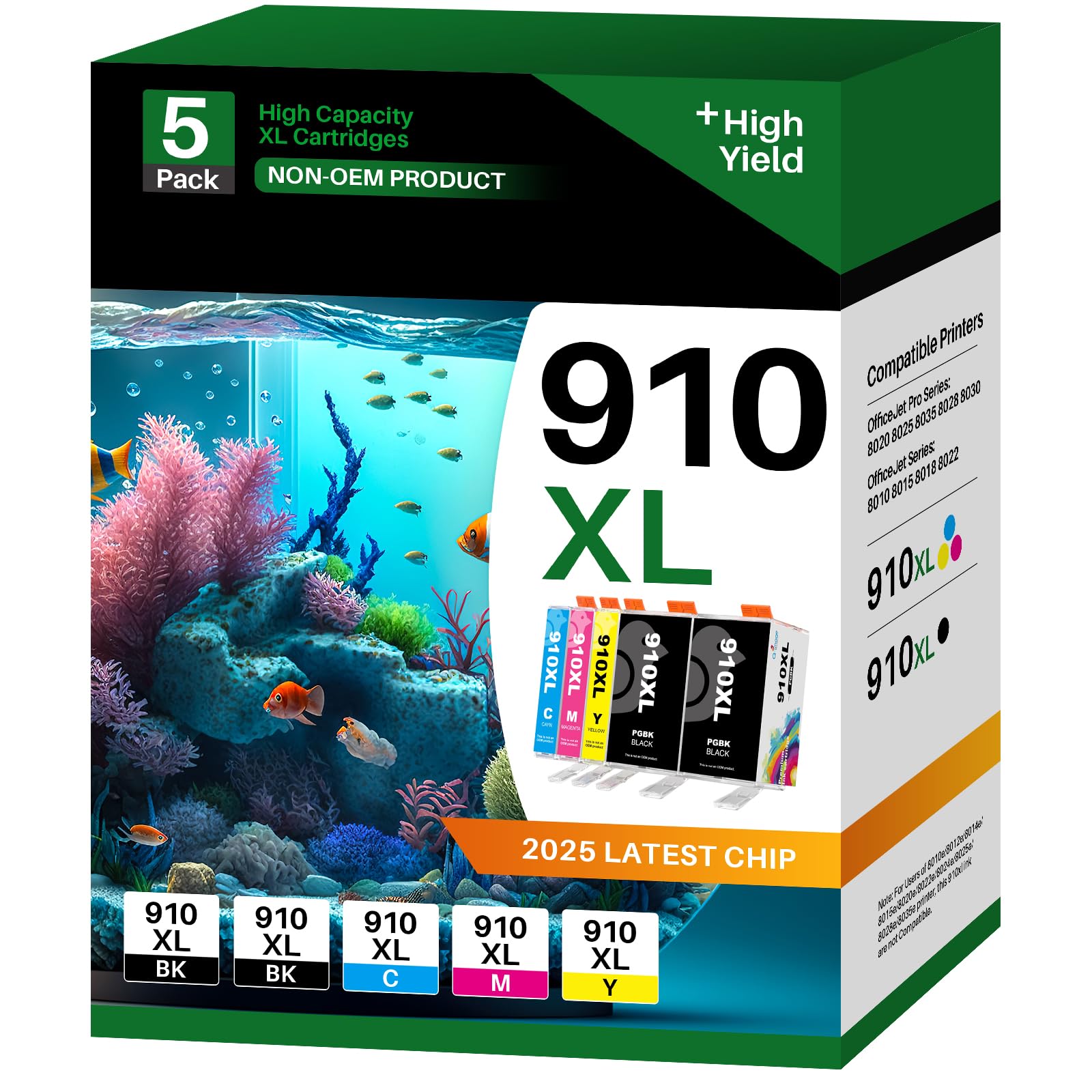 【5 Pack】 910XL Compatible Ink Cartridges Replacement for HP 910 XL Ink Compatible with OfficeJet Pro 8020 8025 8028 8035 8015 Printer (2 Black,1 Cyan,1 Magenta,1 Yellow) 5 Combo Pack
