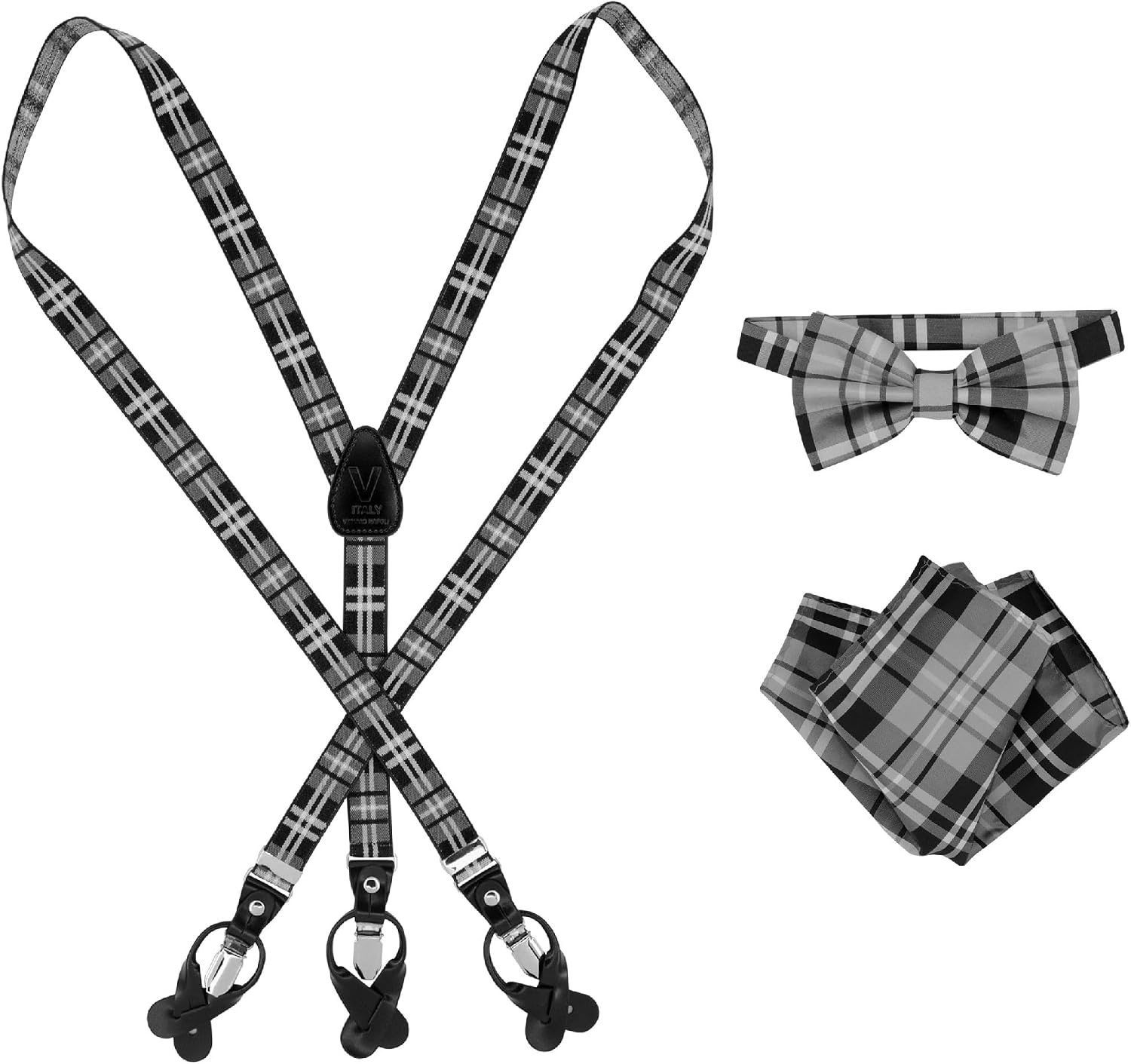 Vesuvio Napoli Plaid Design Suspenders Bow Tie Hanky Set, Adjustable Braces with Clips Narrow