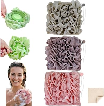 Washcloth Loofah Combo 2-in-1 Loufee Wash Cloth that Holds Bar Soap-Exfoliation Mesh Shower Ball for Body Wash&Smooth Skin+Free Loofah Dish Towel