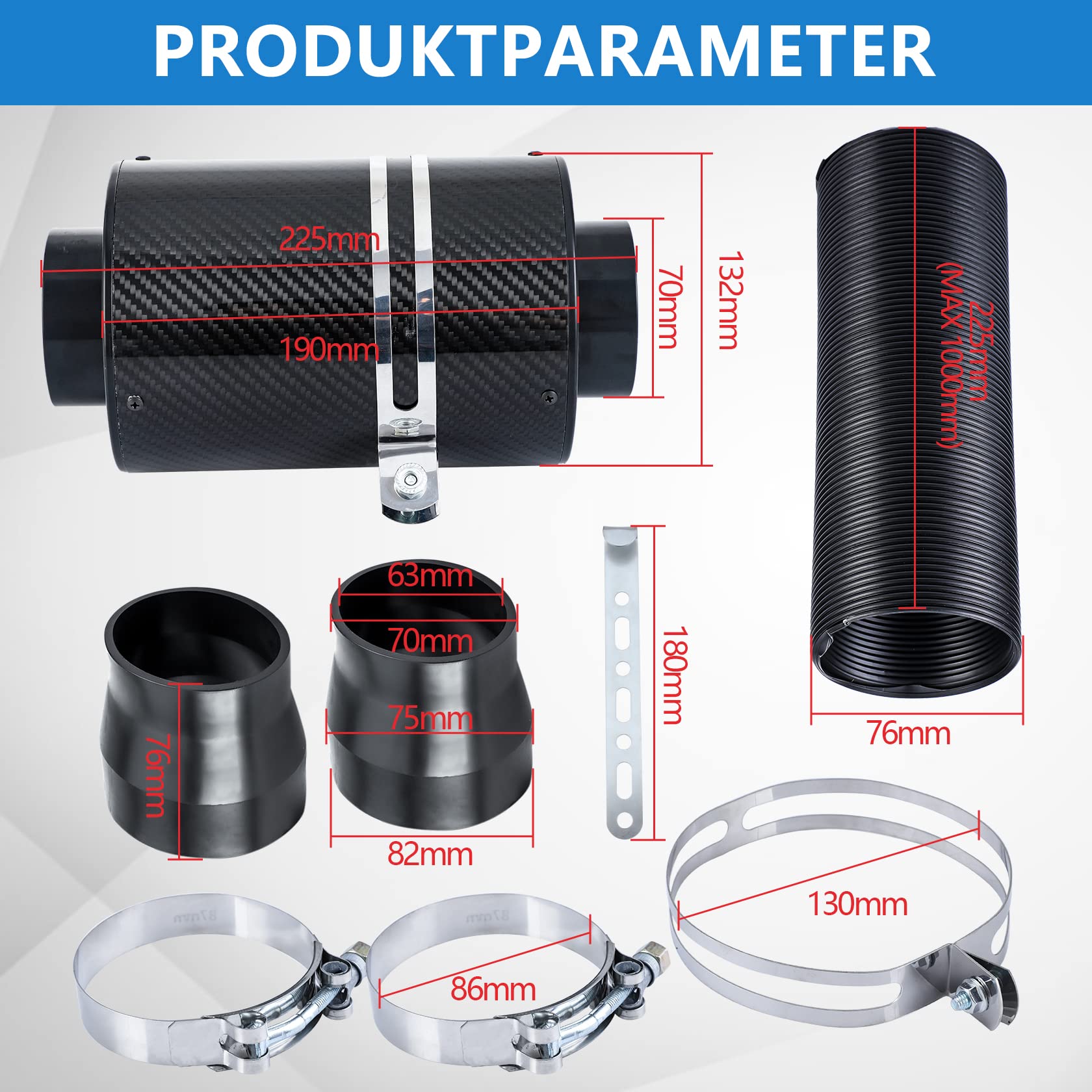 CarBole Sportluftfilter 76mm,Kalten Lufteinlass Kit,Autoluftfilter,mit Luftfilteradapter und Klemmen und Halterung,Luftansaugleitung 225mm