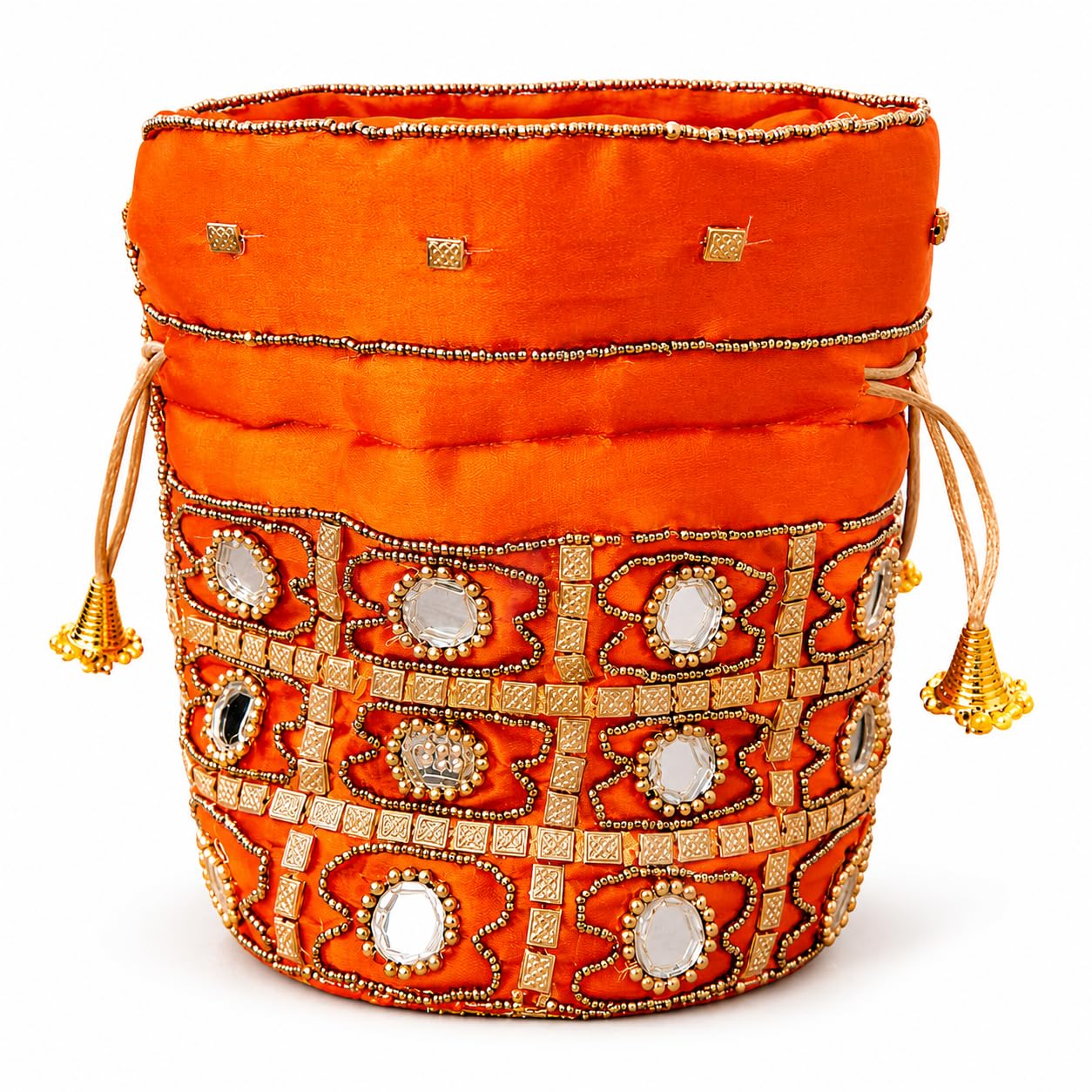 Traditional Embroidered Batwa Purse with Golden Floral Work & Pearl Strap - Colour may vary-image-44