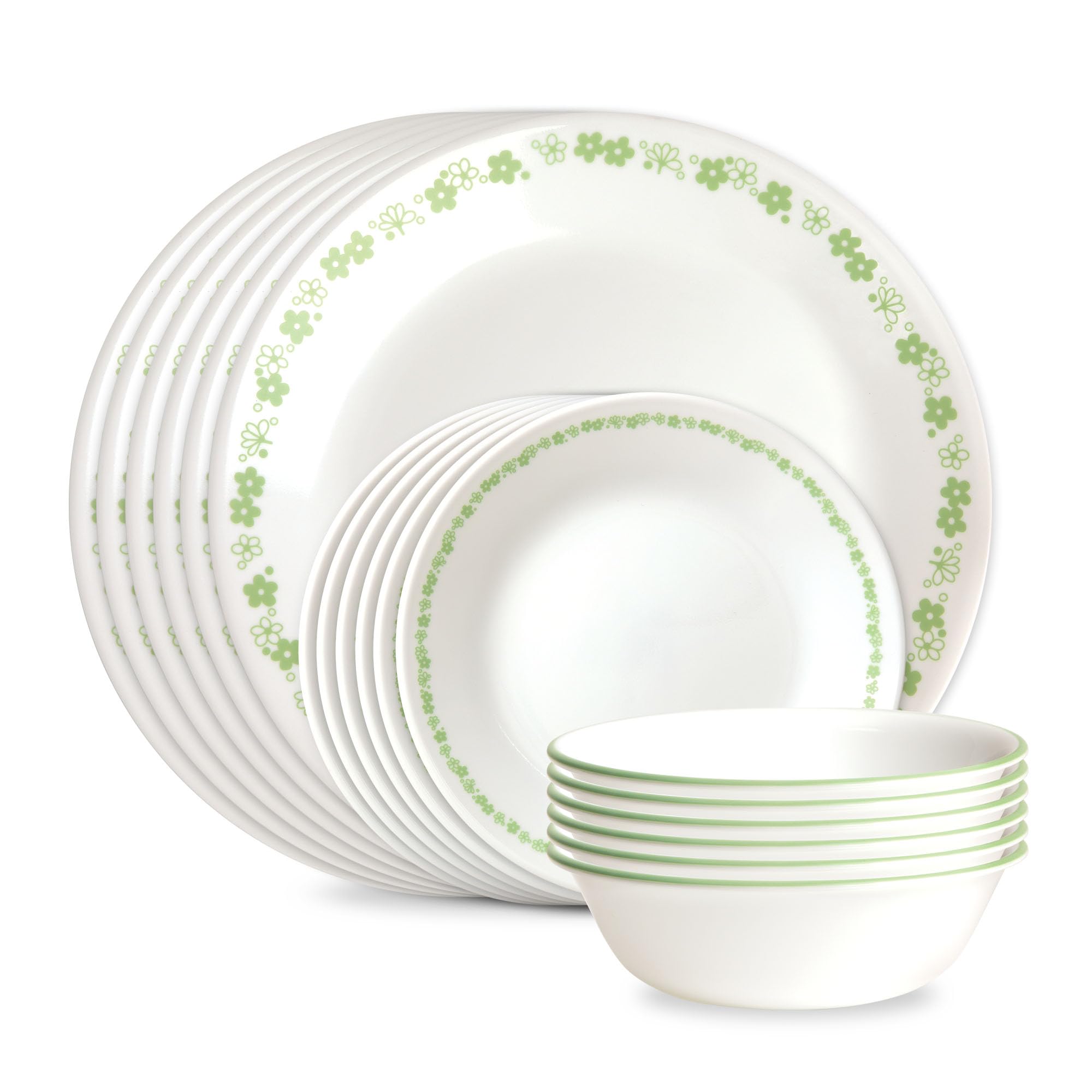 Photo 1 of Corelle Vitrelle 18 Piece Glass Dinnerware Sets Service for 6, Triple Layer Chip & Crack Resistant Glass Plate and Bowl Sets, Spring Blossom Green