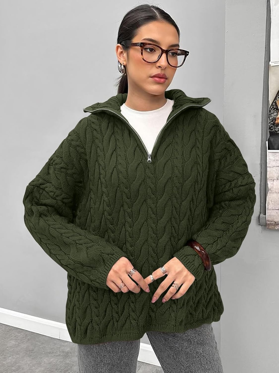 PRETTYGARDEN Womens Spring Sweaters 2026 Long Sleeve Quarter Zip Pullover Sweater Casual Loose V Neck Cable Knit Jumper Tops - Image 3