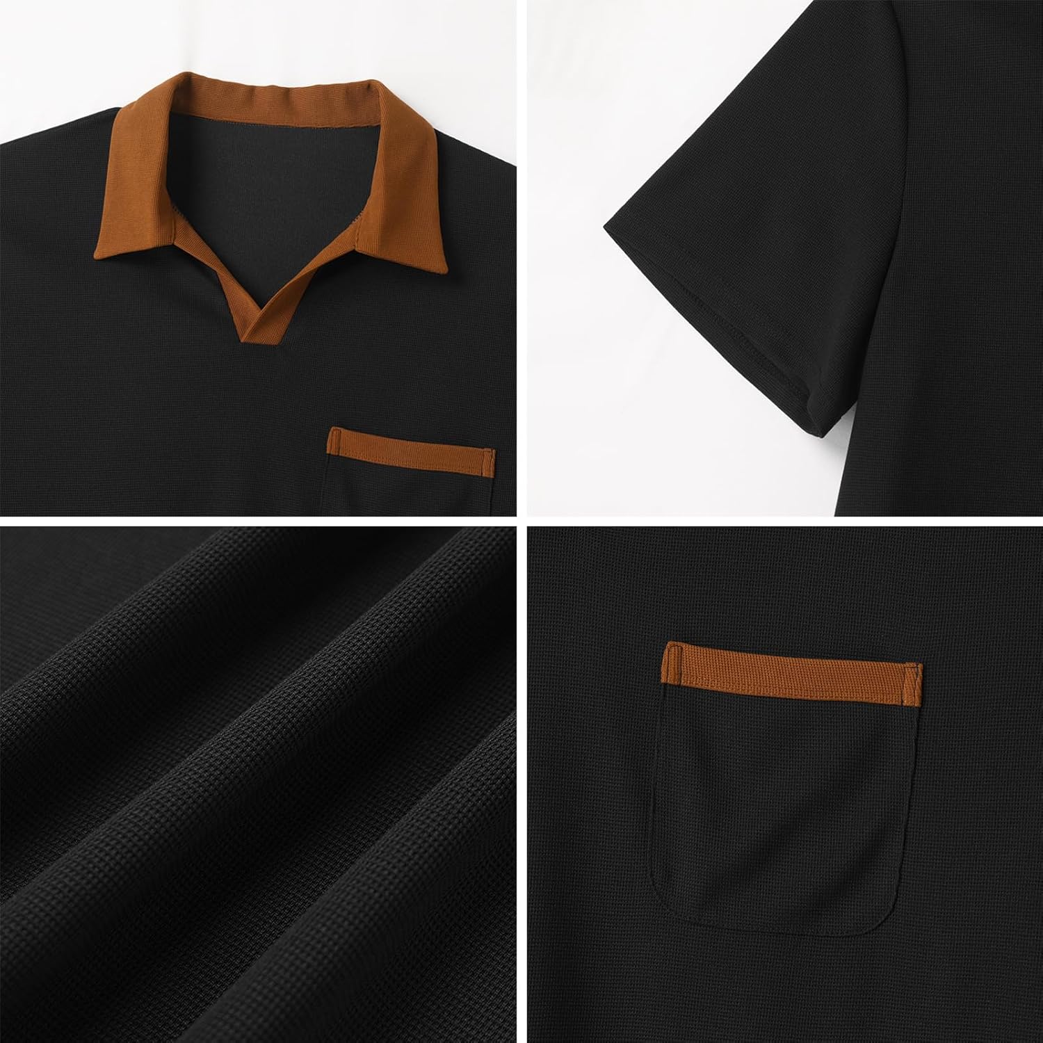 OLEMEK Men's Casual Polo Shirts Short Sleeve V Neck Waffle Knit Shirt Summer Loose Fit Ribbed Textured Shirt with Pocket - Image 5