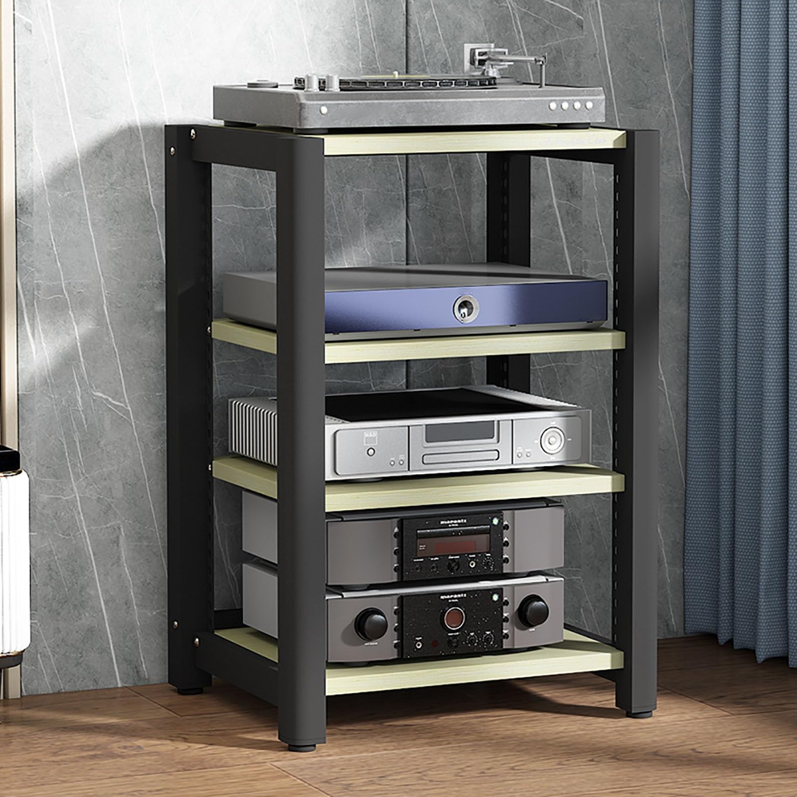 Drewniany stojak na audio stereo – półka dla graczy na odtwarzacz płyt AV, półka narożna na nośniki CD/DVD, pasuje do projektora, konsoli do gier PS5, skrzynka kablowa (60 x 50 x 85 cm)