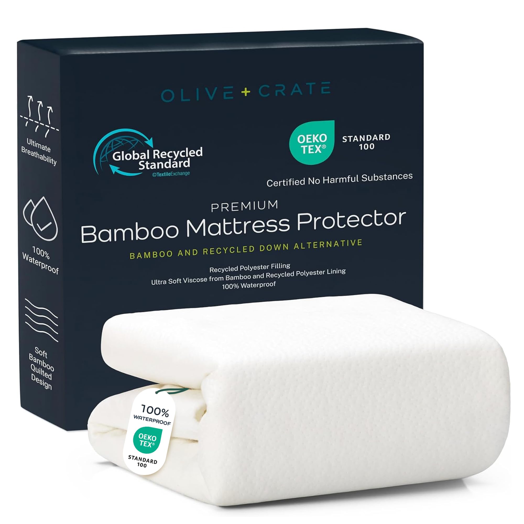 Olive + Crate 100% Viscose Bamboo Mattress Protector - Eco-Concious Cooling Mattress Cover - Waterproof Hypoallergenic Protection - Breathable Queen Size Shield Against Dust & SpillsOEKO-TEX STANDARD 100
