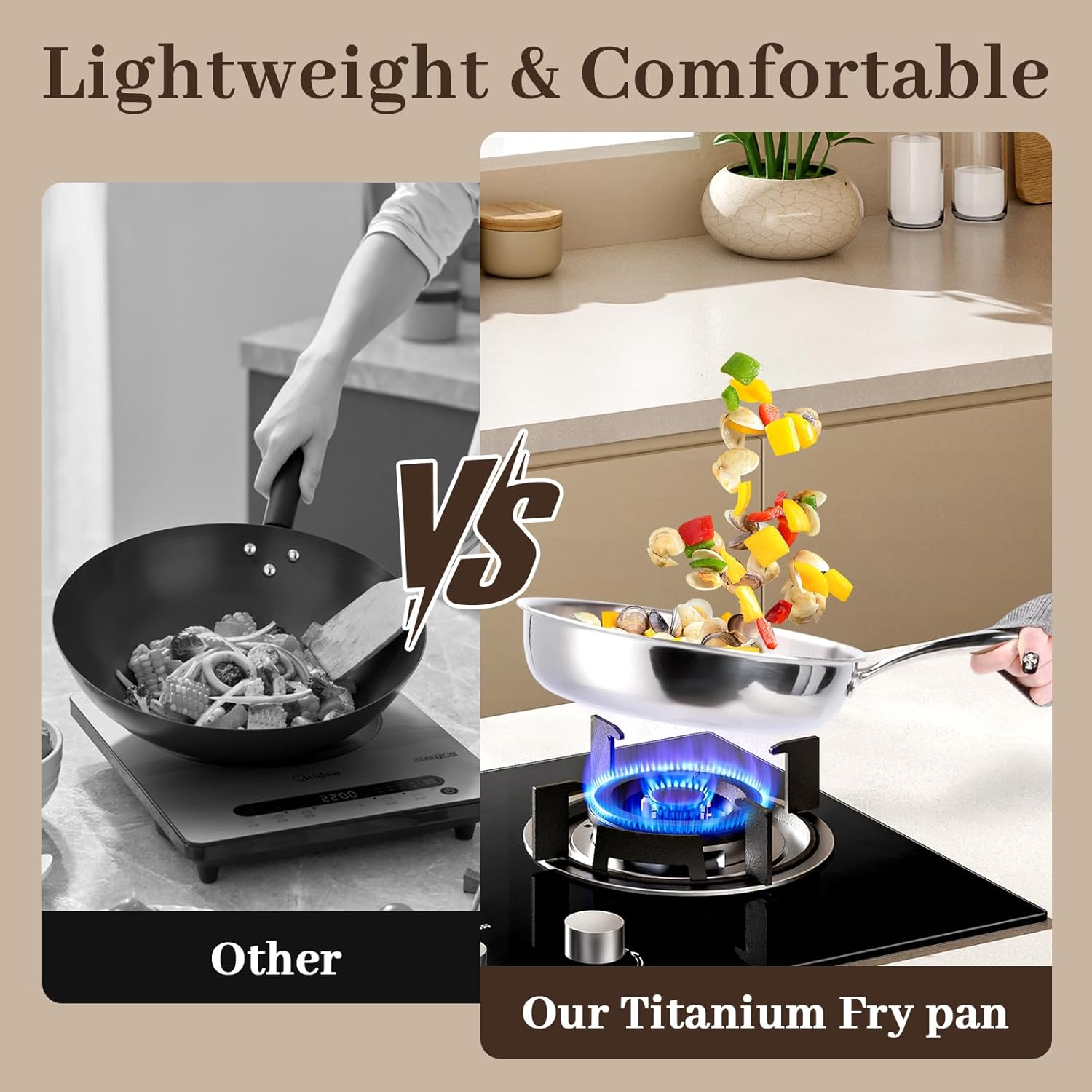 9.45 Inch Titanium Pan,99.6% Titanium Frying Pan for Cooking Healthy Non-Toxic Cookware with Lid Plateful Pan for Even Heating, Induction Compatible, Oven & Broiler Safe - Image 5