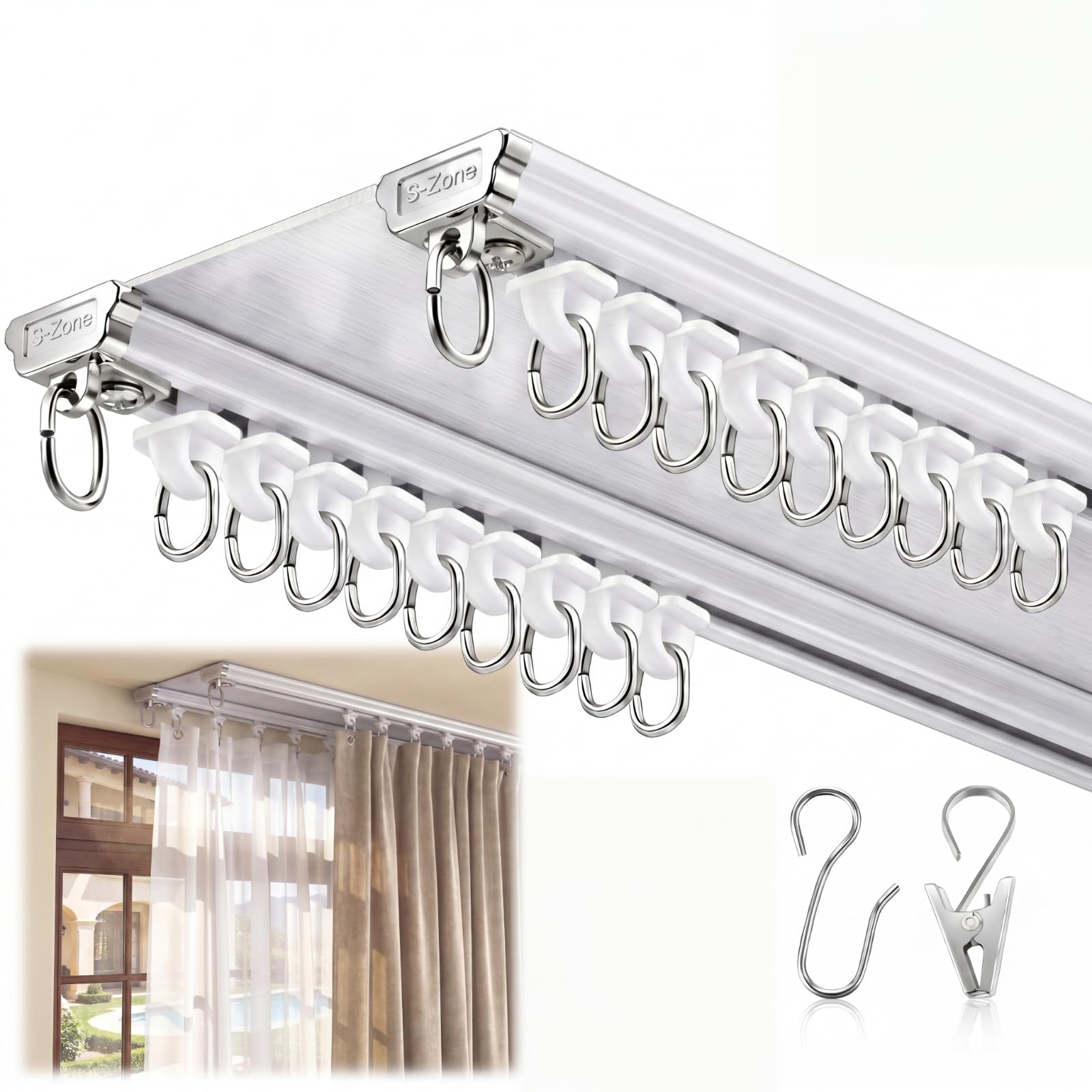 Juexica Ceiling Curtain Double Track Set 3ft-6.5ft/2 Meter White Double Curtain Track Ceiling Mount Heavy Duty Room Divider Adjustable Length Rails with Clips Hooks End Hook