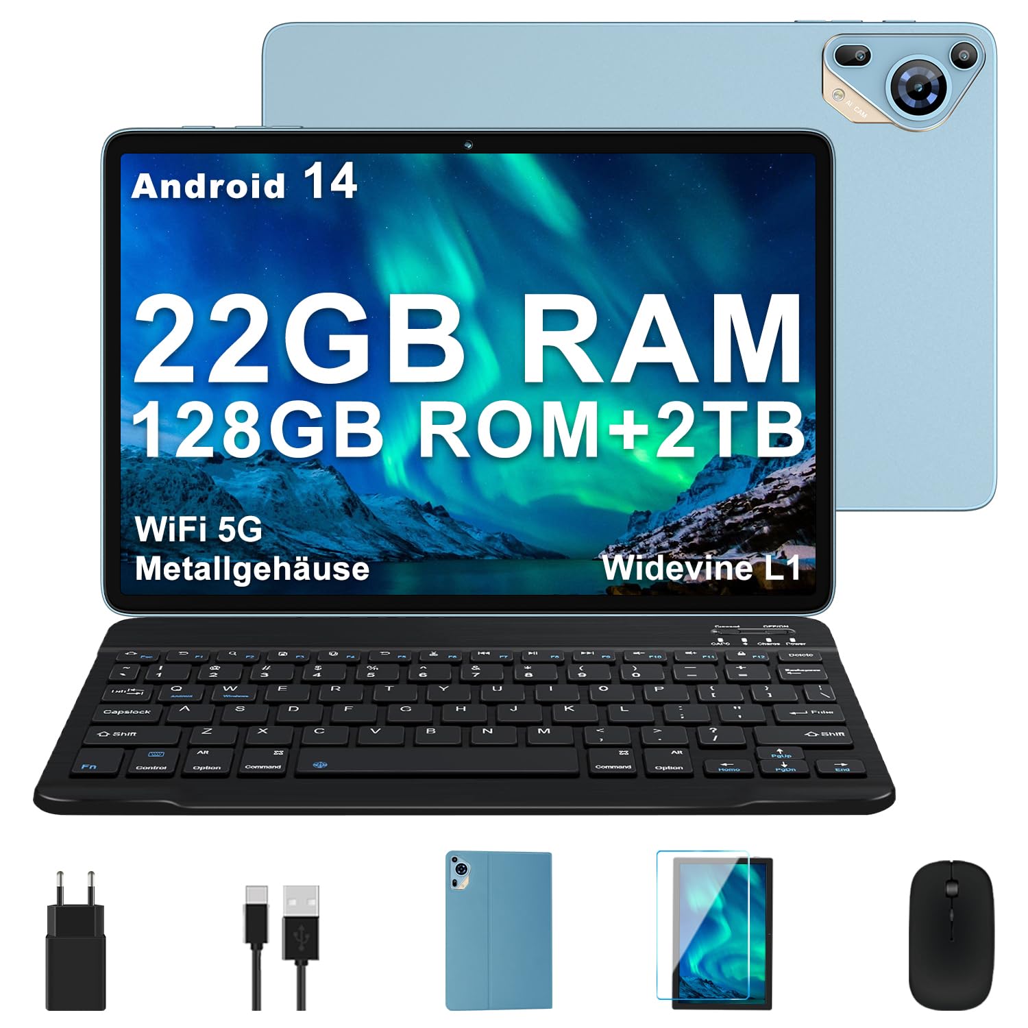 SKYEGG Tablet 10 Zoll Android 14, 128GB Speicher (erweiterbar), 8000mAh Akku, Tablet mit Tastatur & Maus, Metallgehäuse – Blau