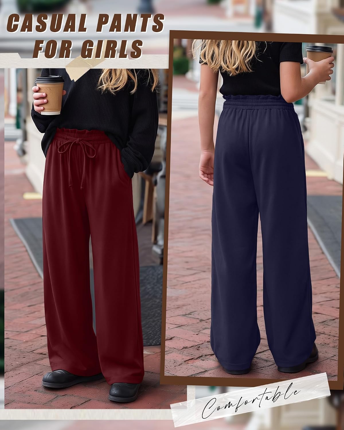 4 Pack Girls' Wide Leg Sweatpants 5-14 Years Baggy Drawstring Loose Kids Ruffled Elastic Waist Pants with Pockets