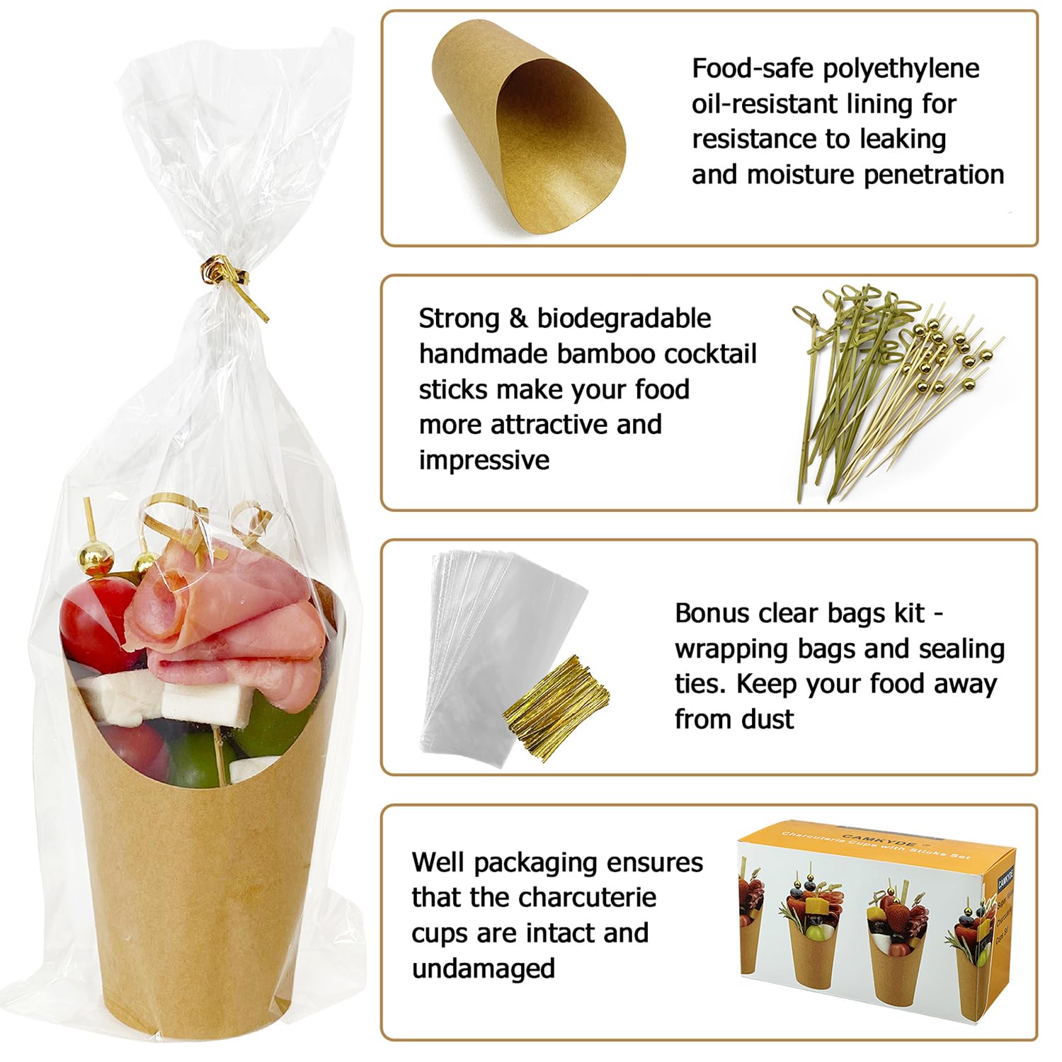 CAMKYDE 50 juegos de vasos desechables para charcutería con palitos y bolsas, 12 onzas de papel kraft marrón para aperitivos, aperitivos, soporte para patatas fritas con palillos de cóctel (50 tazas +