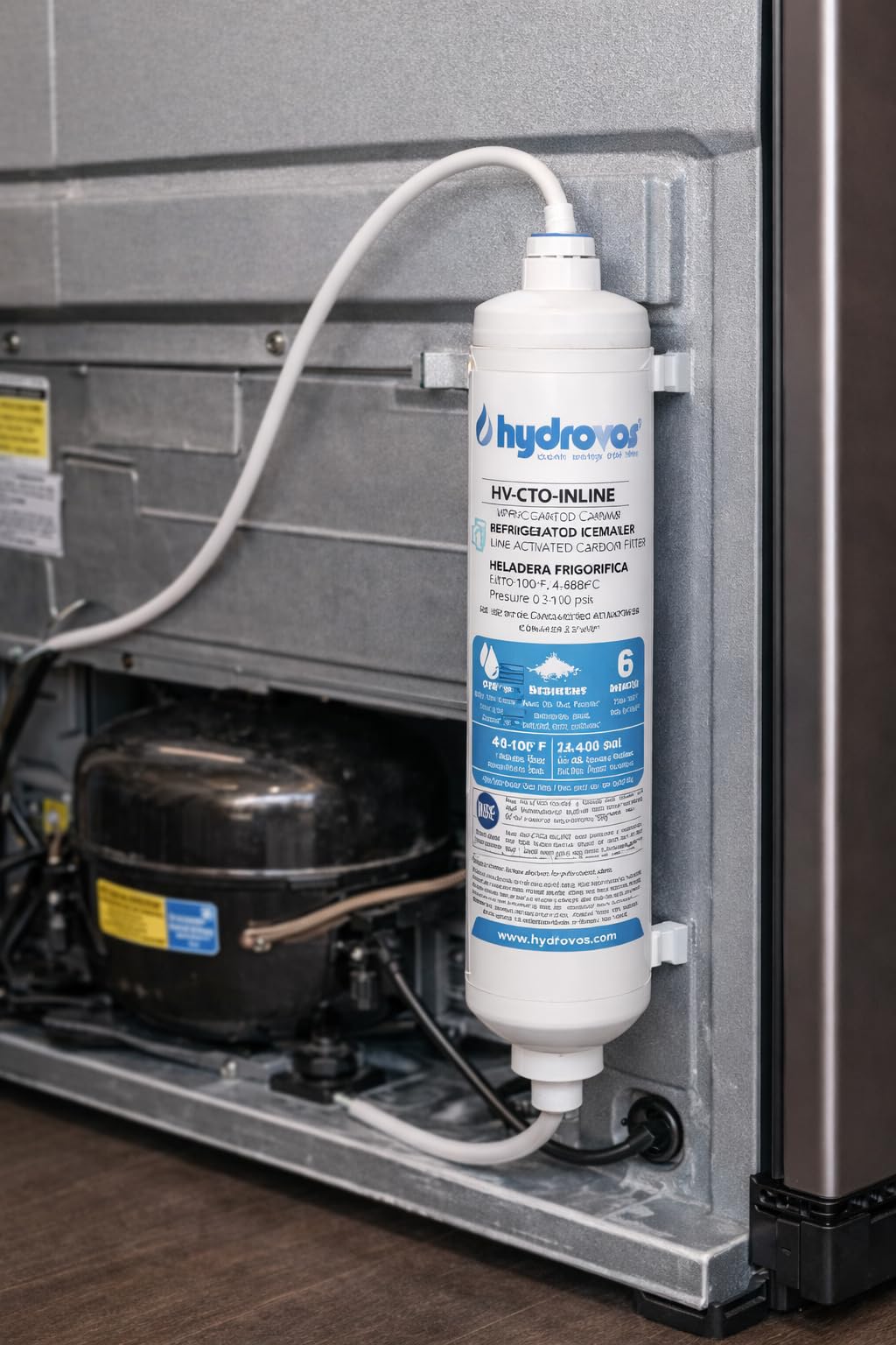 HYDROVOS Filtro de agua en línea para máquina de hielo, refrigerador, sistema de ósmosis inversa debajo del fregadero, cartucho de carbón activado postactivado certificado NSF que reduce el sabor y el