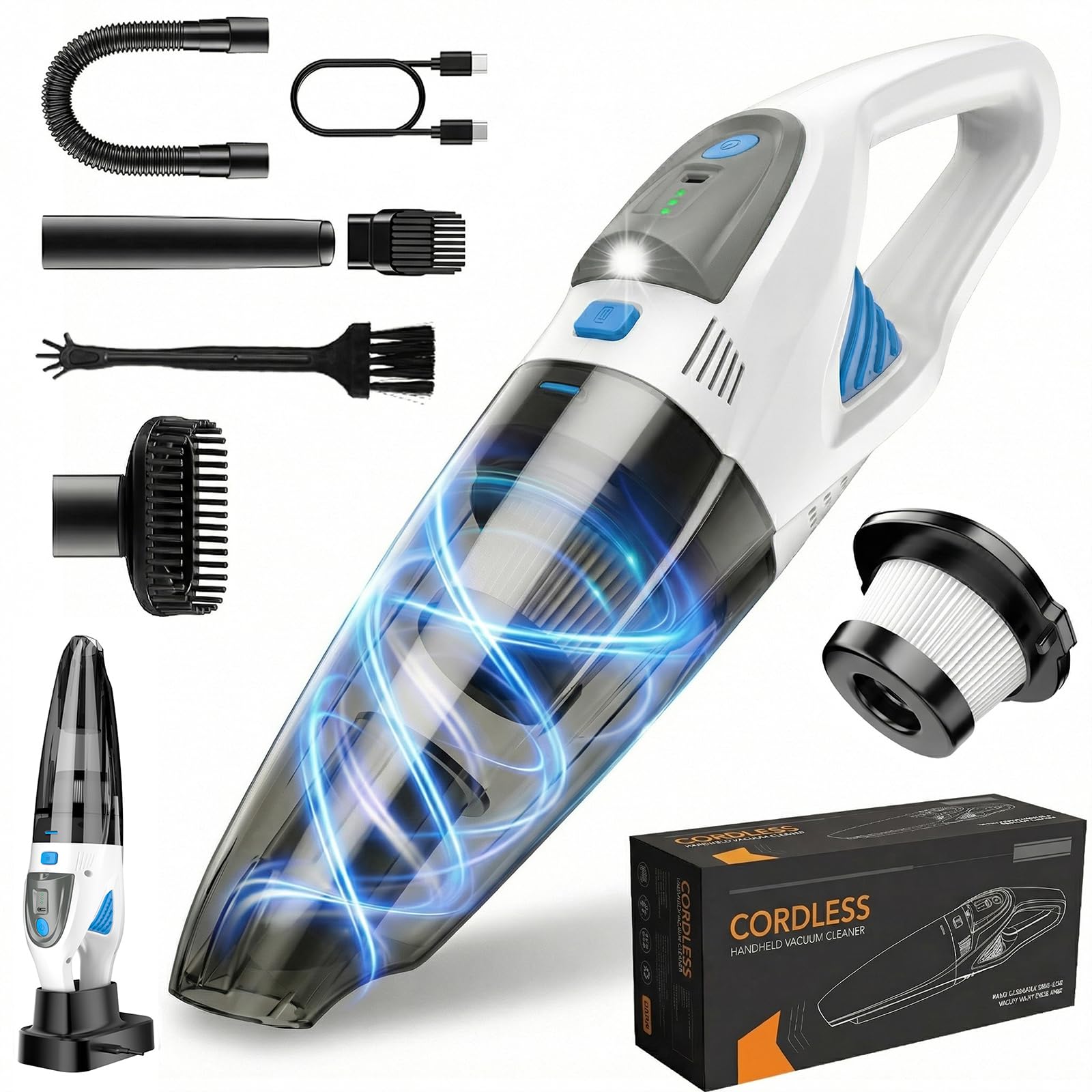 Handheld Vacuum Cordless,25000Pa Car Vacuum Cleaner,Hand Vacuum Portable | Powerful Suction, Lightweight Rechargeable, LED Light, Washable Filters & Multi-Nozzles for Home,Car Seats, Pet Hair