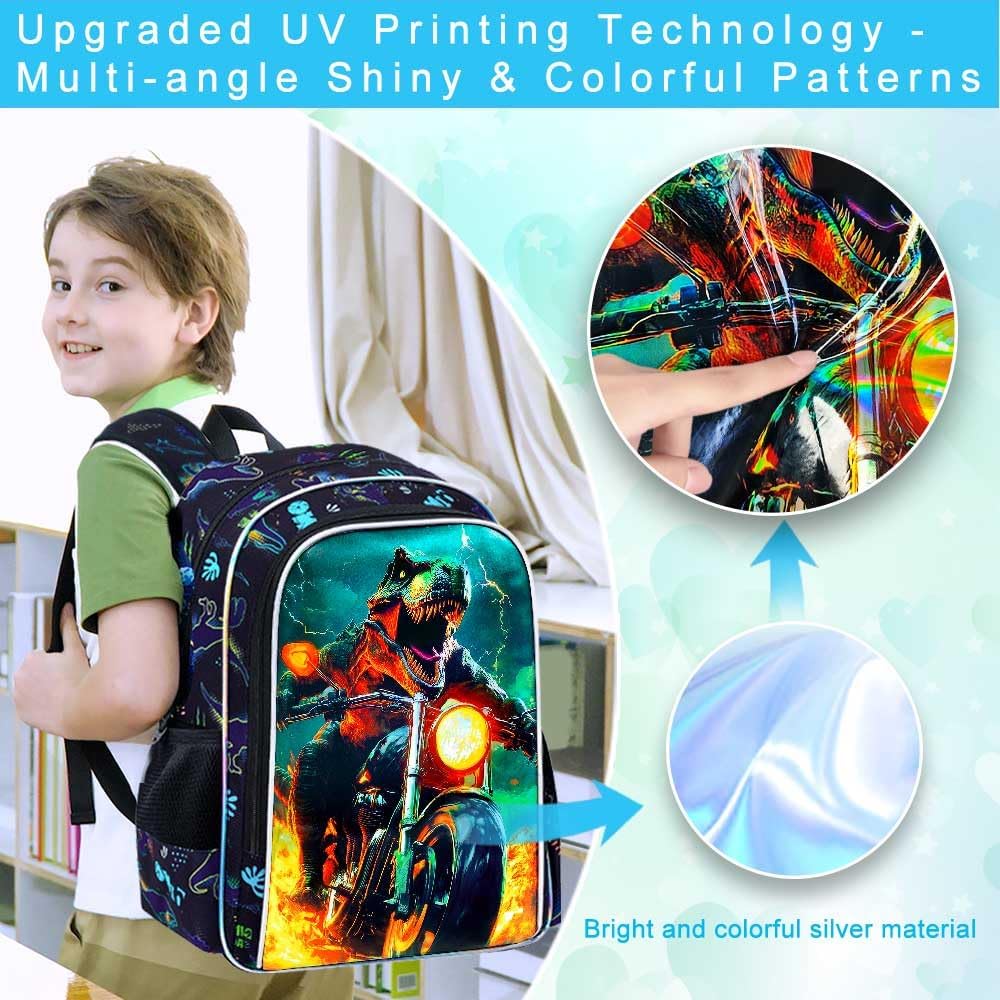 KLFVB 3PCS Dinosaur Preschool Backpack Set, Water Resistant 16" Bookbag for Boys with Lunch Box - Motorcycle Dinosaur