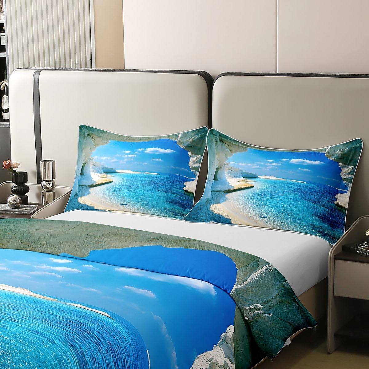 Homewish Set di biancheria da letto king size con paesaggio costiero in cotone con paesaggio oceanico accogliente per il tempo libero spiaggia trapunta vacanza spiaggia set letto