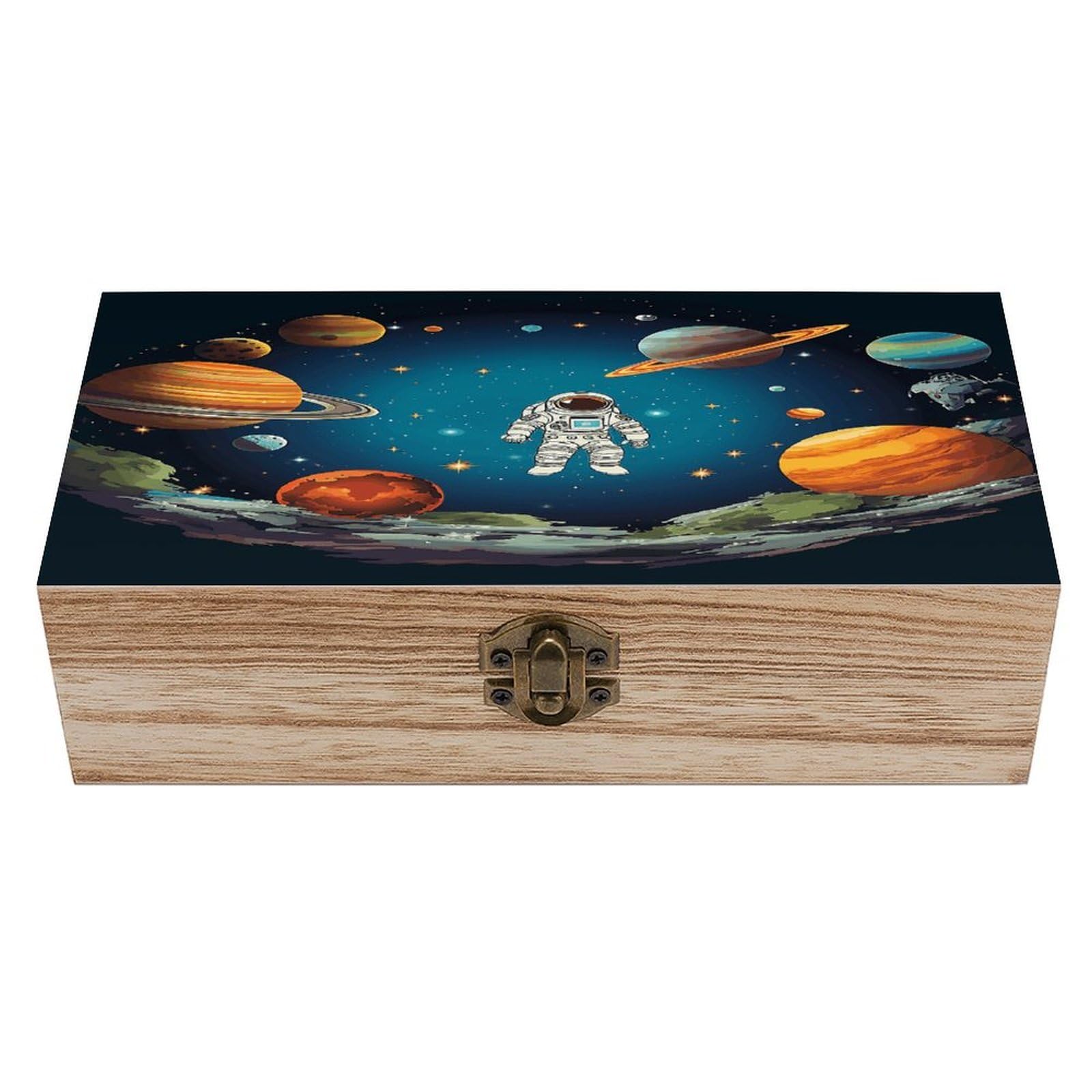 VstaDank Outer Space Rocket Astronaut Wooden Storage Box with Hinged Lid Natural Wooden Box Beautifully Keepsake Boxes Vintage Wood Boxes Jewelry Organizer Trinket Storage Chest Unique Gift