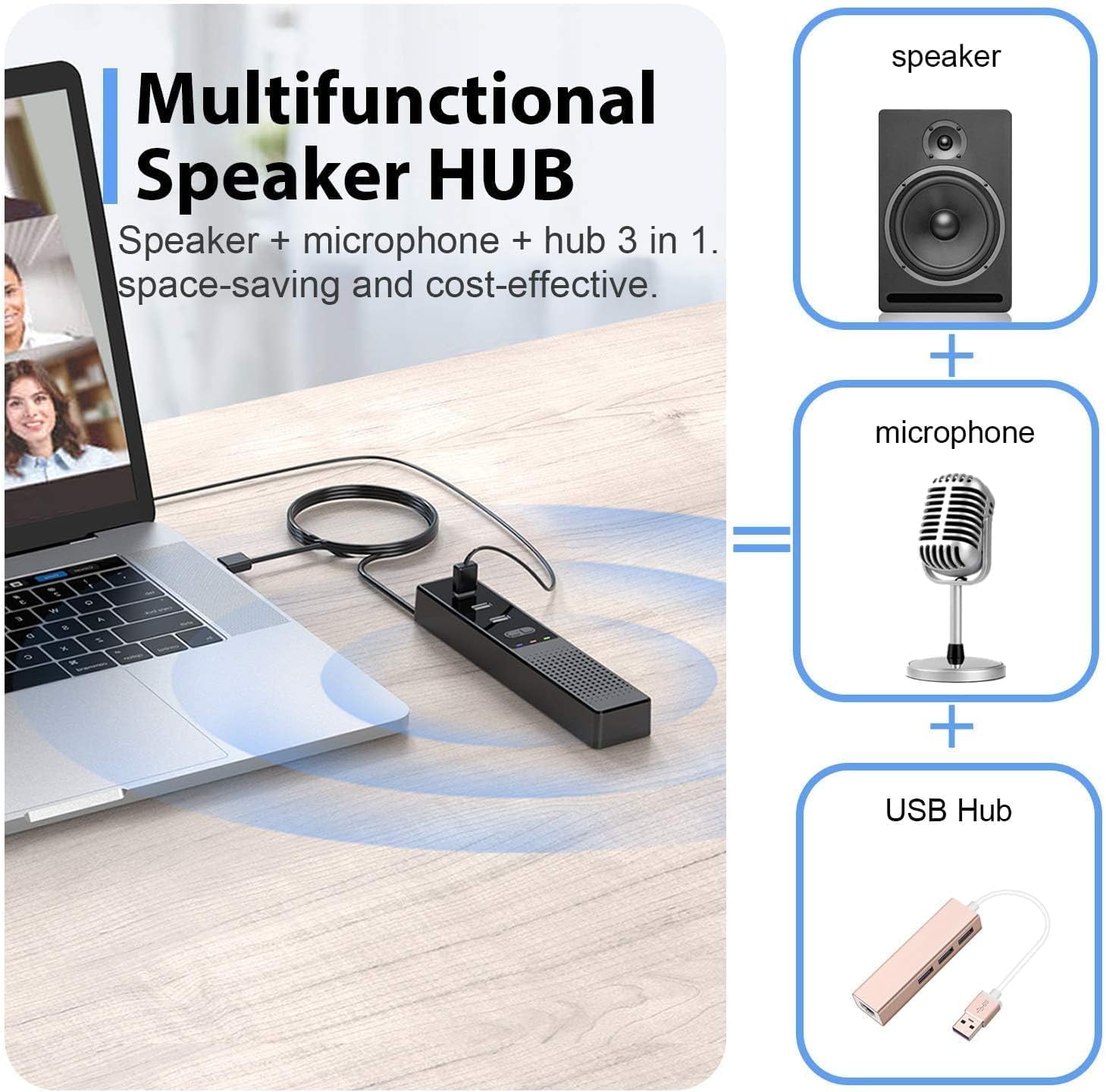 3 in 1 USB Computer Speaker with Microphone, PC Laptop Desktop Conference Speaker with Mic for Smart Home Office and Online Study，360 Degree Enhanced Voice Pickup, Noise Reduction (Classic)