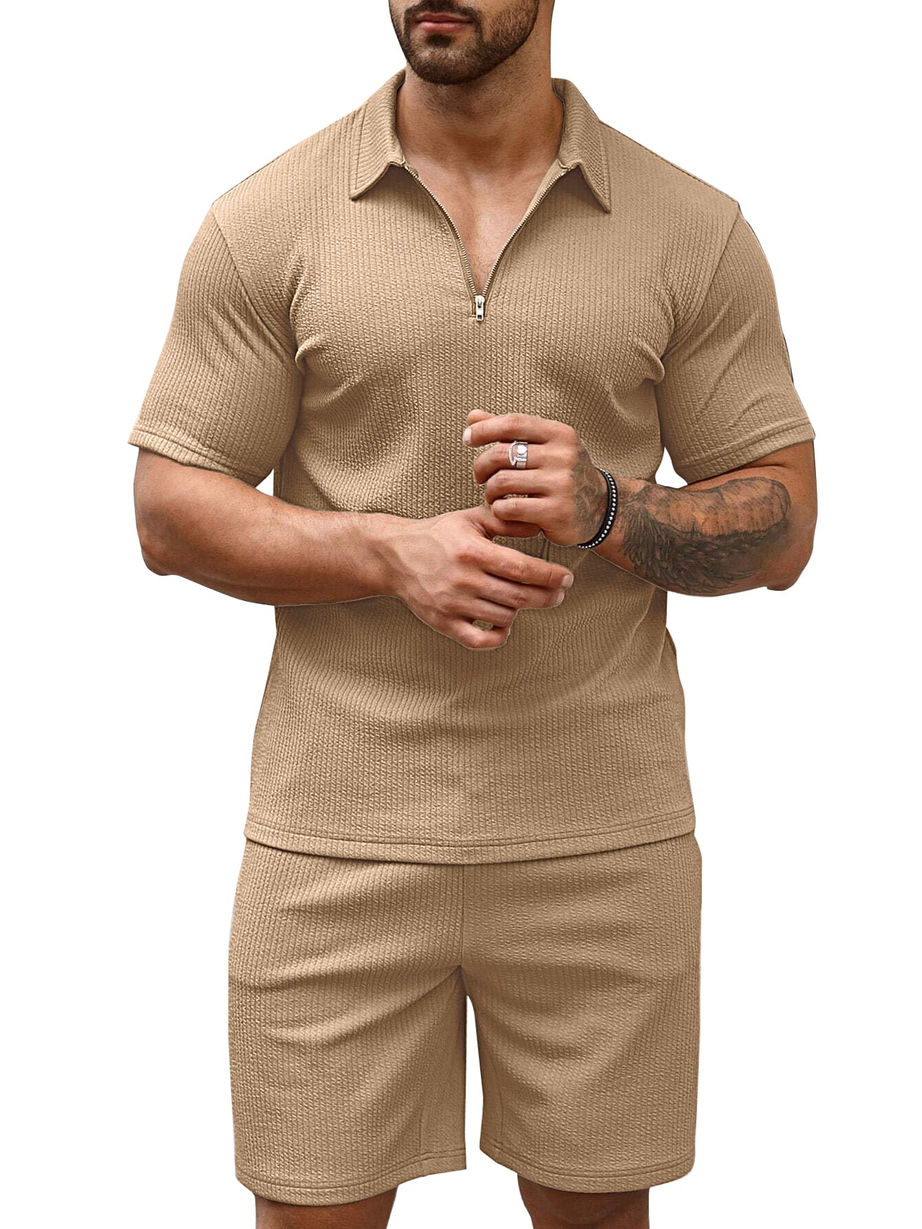 Men's Polo Shirt and Shorts Set | Summer Fashion Short Sleeve Solid Zipper 2 Pieces Outfits for Men