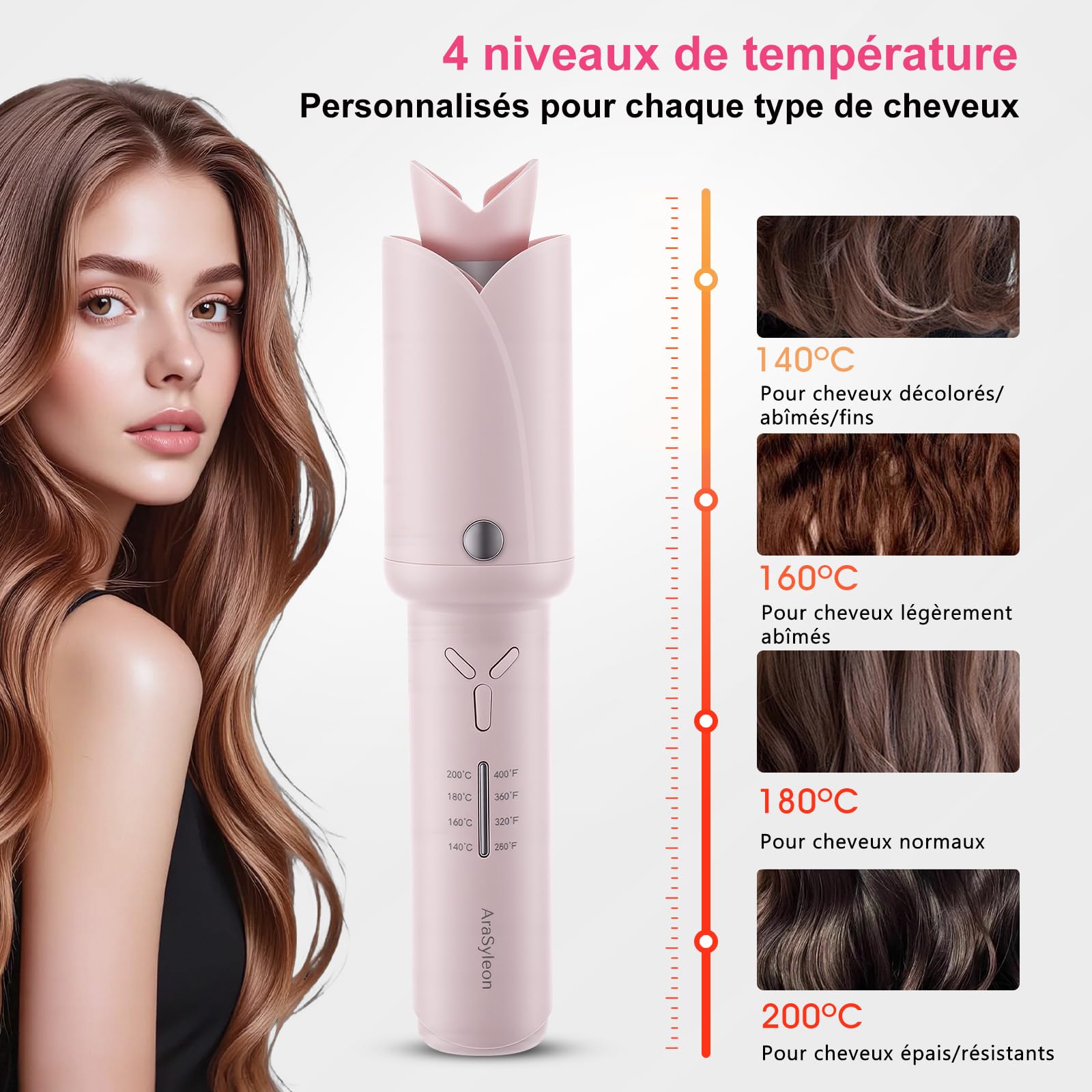 Fer À Boucler Automatique Sans Fil 32mm, 4 Temp, Léger 350g | Cheveux Mi-Longs | 2600 mAh | 140–200 °C | Céramique Tourmaline | Chauffage 60S | Capteur Anti-Emmêlement Intégré