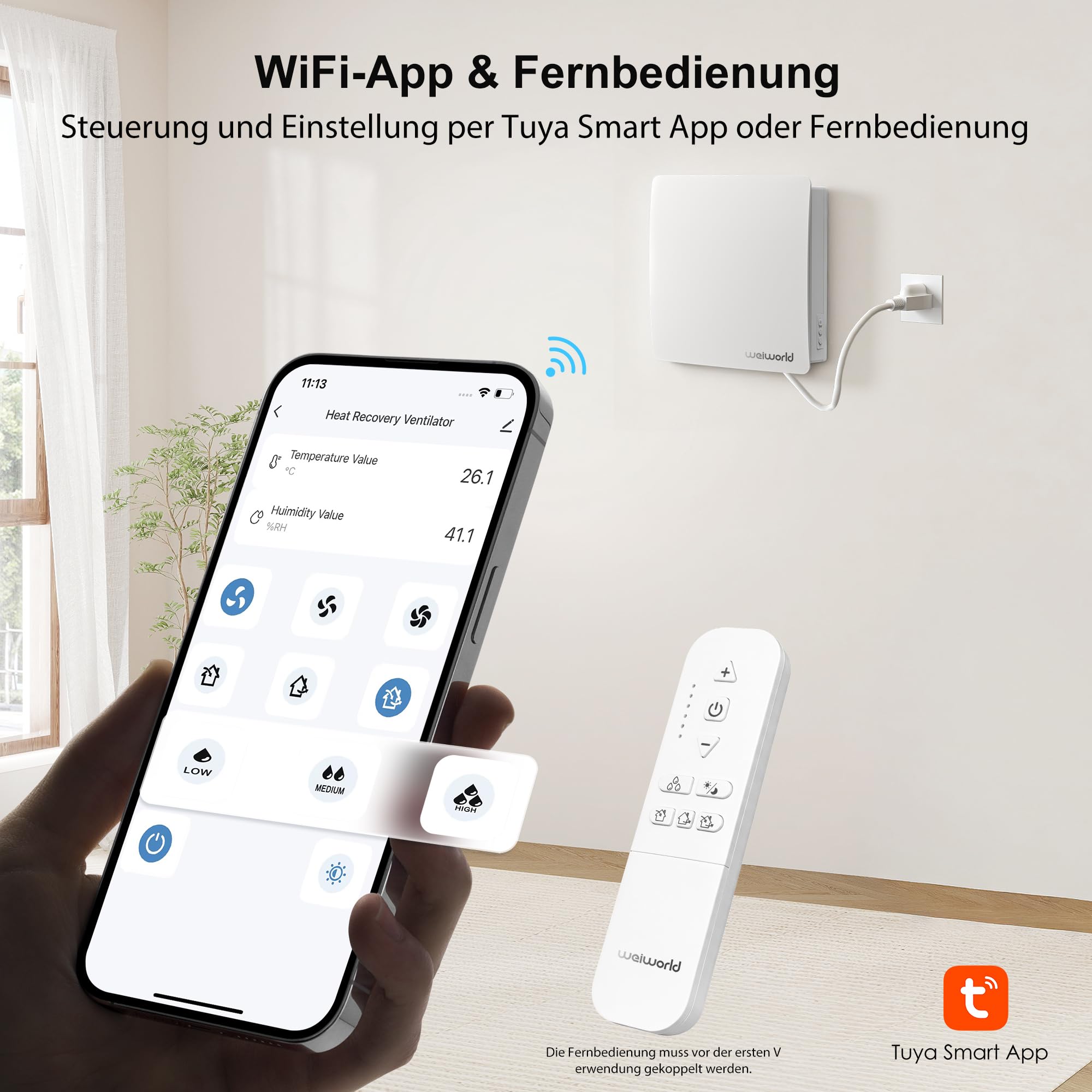 VT501 Dezentrale Wohnraumlüftung mit Wärmerückgewinnung, 150 mm Wandlüfter mit Keramik-Wärmetauscher, WLAN & Fernbedienung, EC-Motor, Zuluft/Abluft, für Schlafzimmer, Keller, Garage