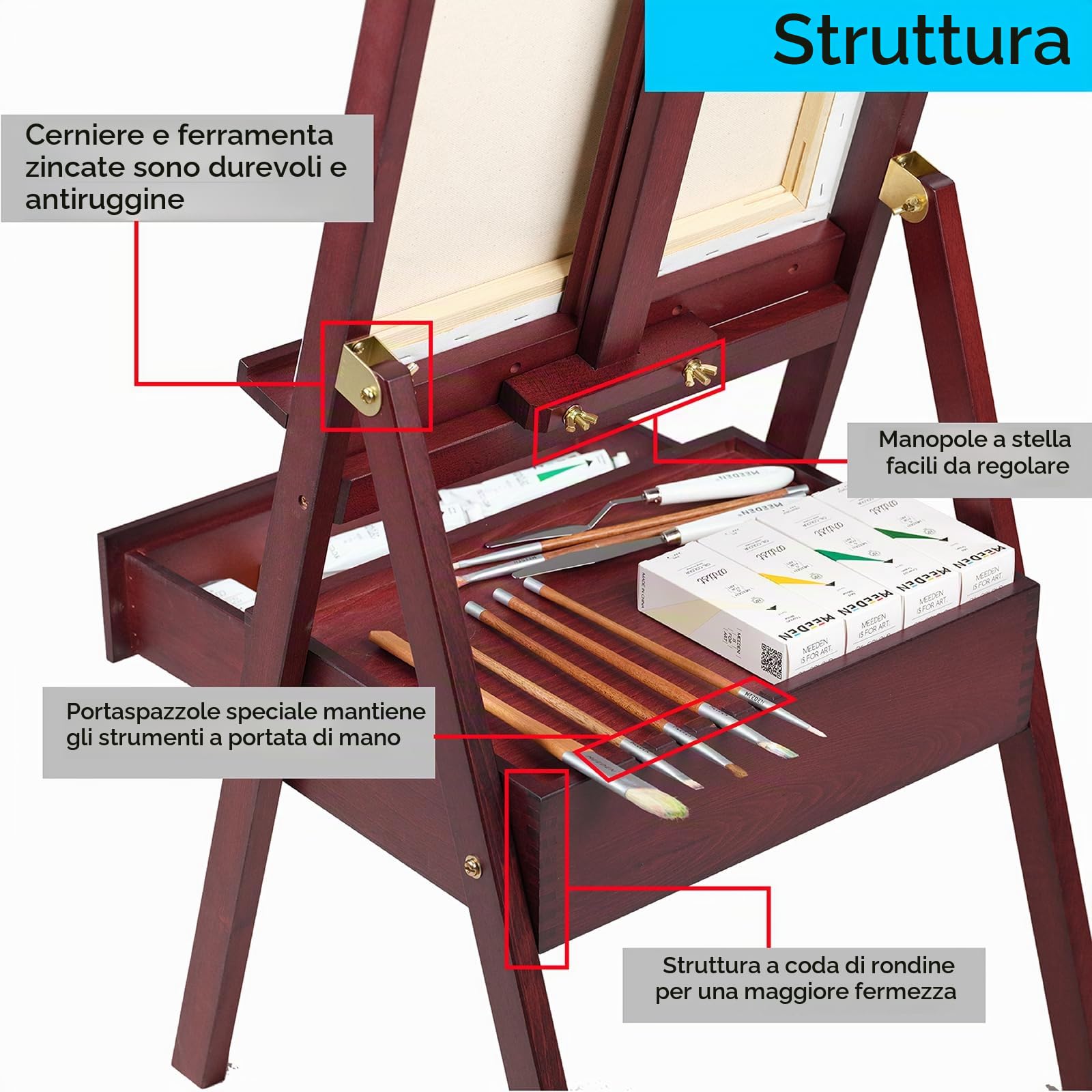 Cavalletto da studio con struttura a H in ciliegia con cassetto portaoggetti – regolabile in legno massello cavalletto per artisti, studenti e adulti, può contenere tele artistiche fino a 88,9 cm