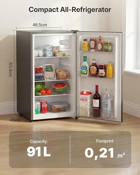 Upstreman 91 Litres Under Counter Fridge Without Freezer 83cm, Small Refrigerator with 1-10℃ Temperature Control, LED Light, Quiet, Compact Refrigerator for Office, Dorm, Dark Grey, CR91 - 2