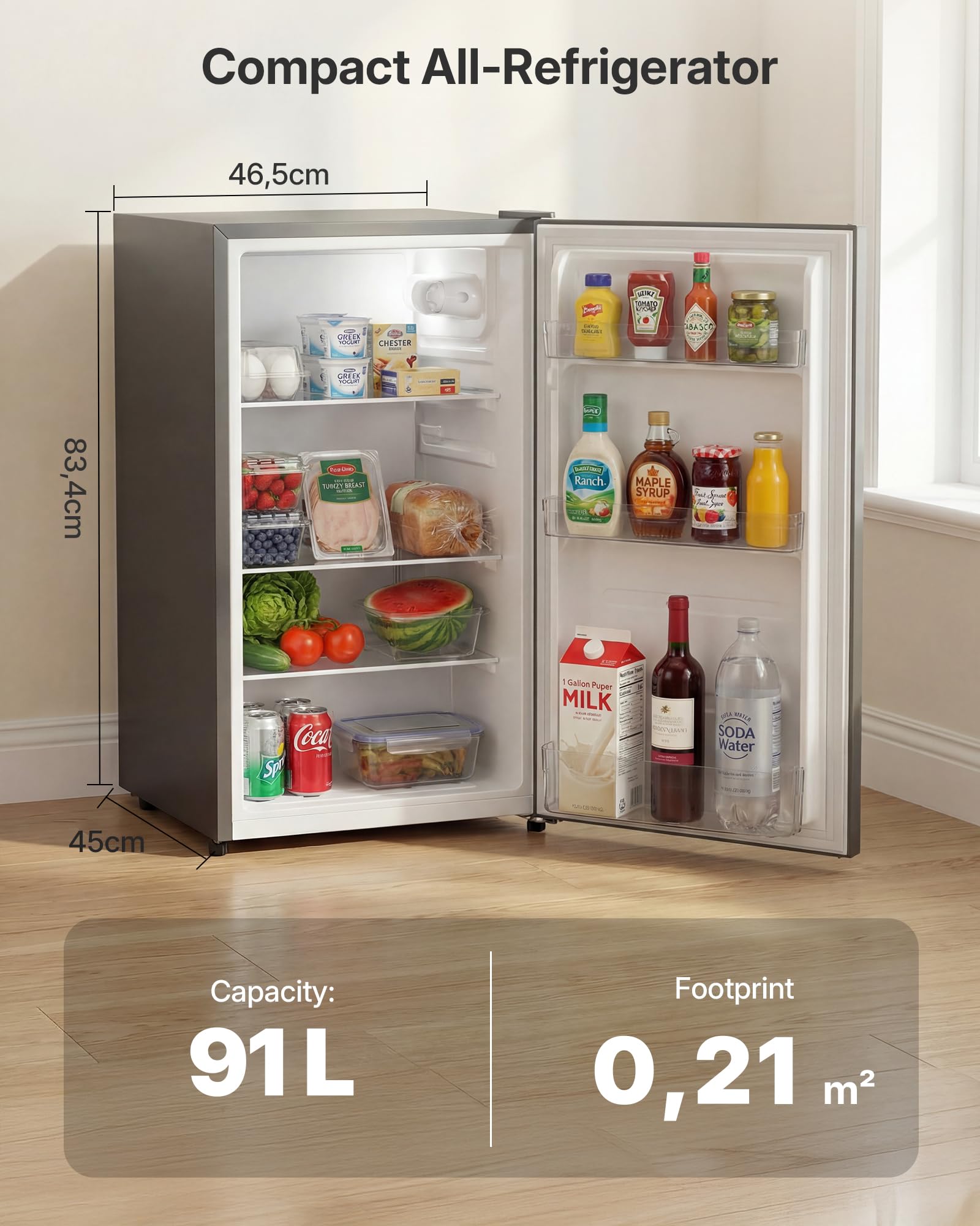 Upstreman 91 Litres Under Counter Fridge Without Freezer 83cm, Small Refrigerator with 1-10℃ Temperature Control, LED Light, Quiet, Compact Refrigerator for Office, Dorm, Dark Grey, CR91 — view 2