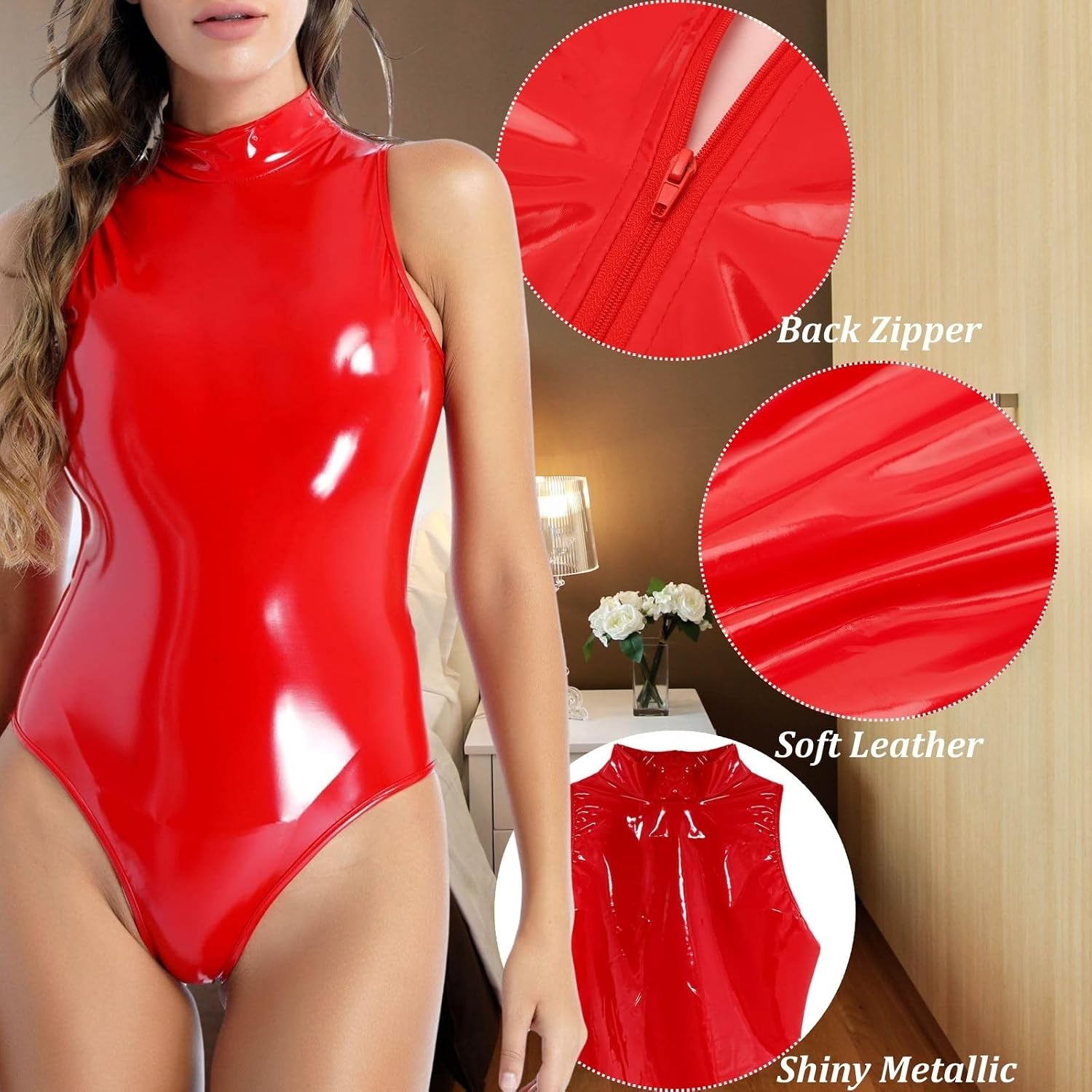 Women’s Sexy Leather Lingerie Bodysuit Zip Up Back Wet Look Latex Teddy Leotard One Piece Club Costume Sleepwear