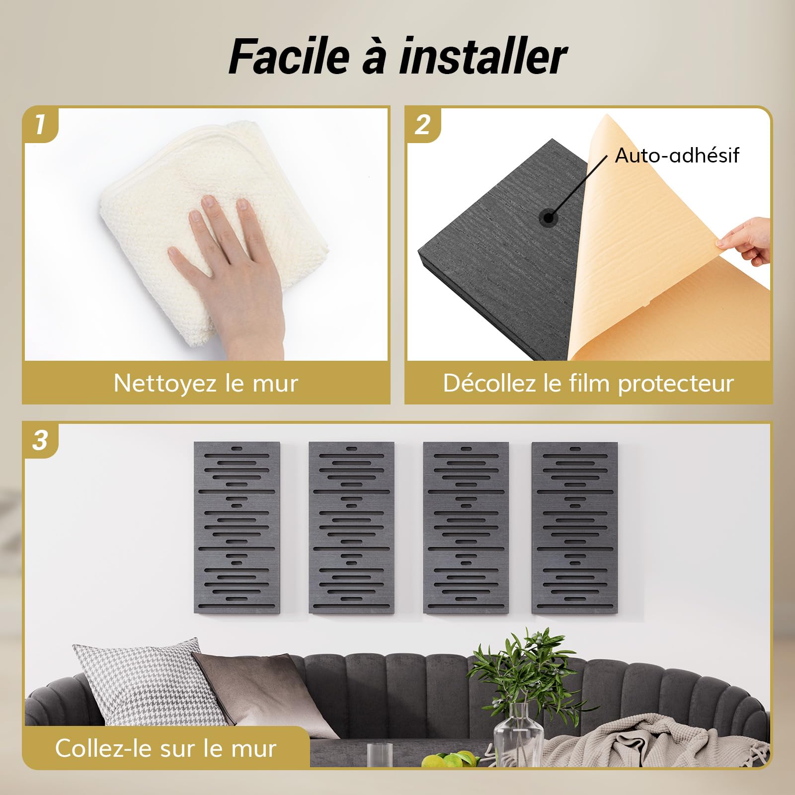 TONOR Lot de 4 Panneau Acoustique Mural, Mousse Panneau Acoustique Bois, Insonorisation Panneau Mural Mousse Anti Bruit pour Isolation Phonique pour Home, Studio, 60x30x4,7cm, Noir