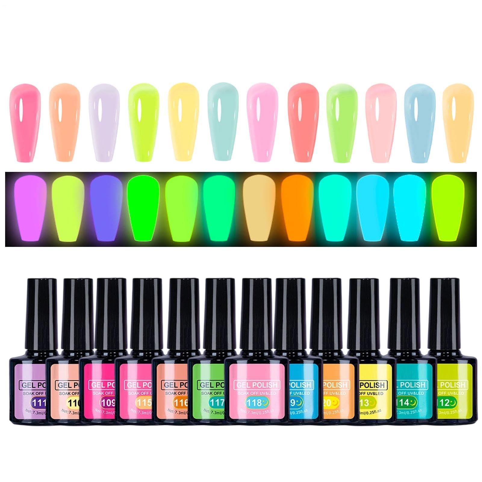 Smalto gel luminoso 12 Pezzi Luminosi Durevoli Portatili | Gel Unghie con Effetto Luminoso Brillante da Donna Forniture Manicure Glow per Donne Ragazze Beauty Lovers Studenti Saloni