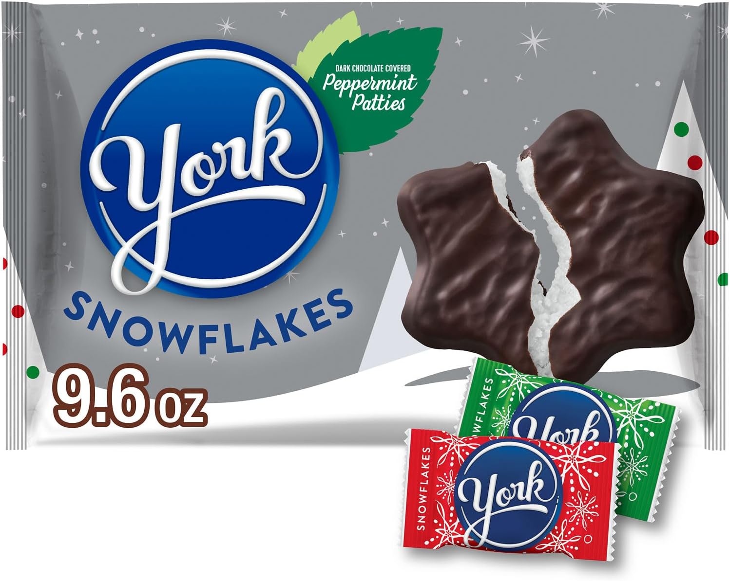 YORK Dark Chocolate Peppermint Patties Snowflakes, Christmas Candy Bag, 9.6 oz