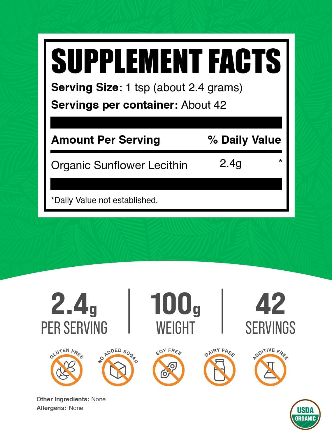 BulkSupplements.com Organic Sunflower Lecithin Powder - Sunflower Lecithin Supplement, Nutritional Supplement, Food Grade - Vegan & Gluten Free, 2.4g per Serving, 100g (3.5 oz) (Pack of 1) - Image 2