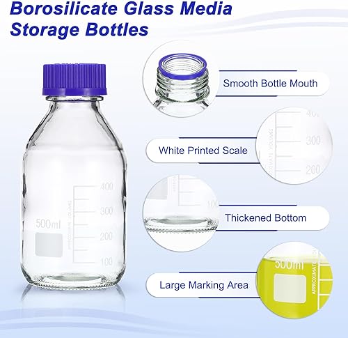 Miniatura 3 de PATIKIL Paquete de 4 botellas de almacenamiento de medios de reactivo, botellas redondas graduadas de vidrio borosilicato de 16.9 fl oz con tapa de