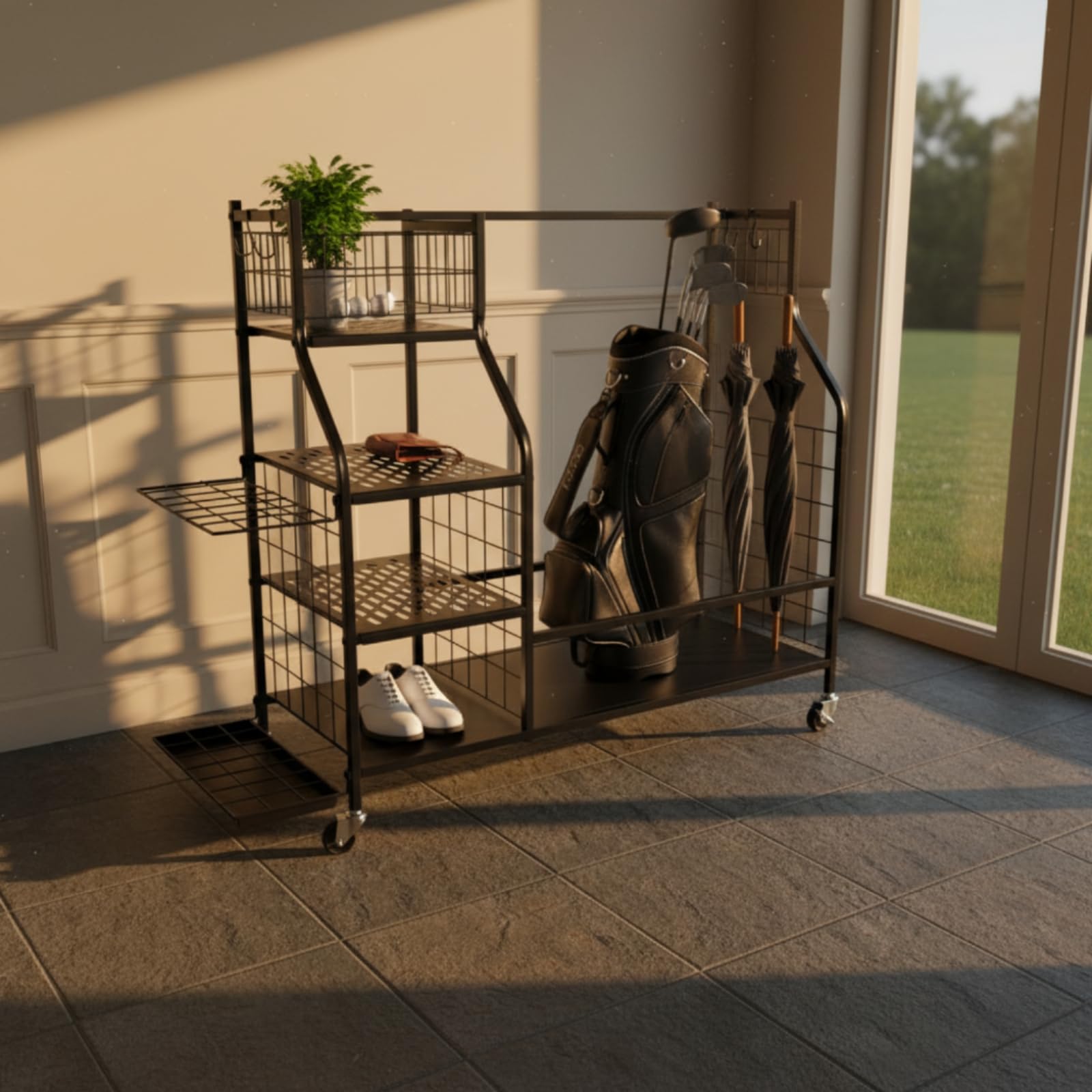 Golf Ausrüstung Ständer Golfständer Golfschläger Halter Golf Bag Regal Schwerlast Eisenrahmen mit Rollen Getrennte Fächer für Zubehör für Pro Shop Heimtraining Garage Aufbewahrung