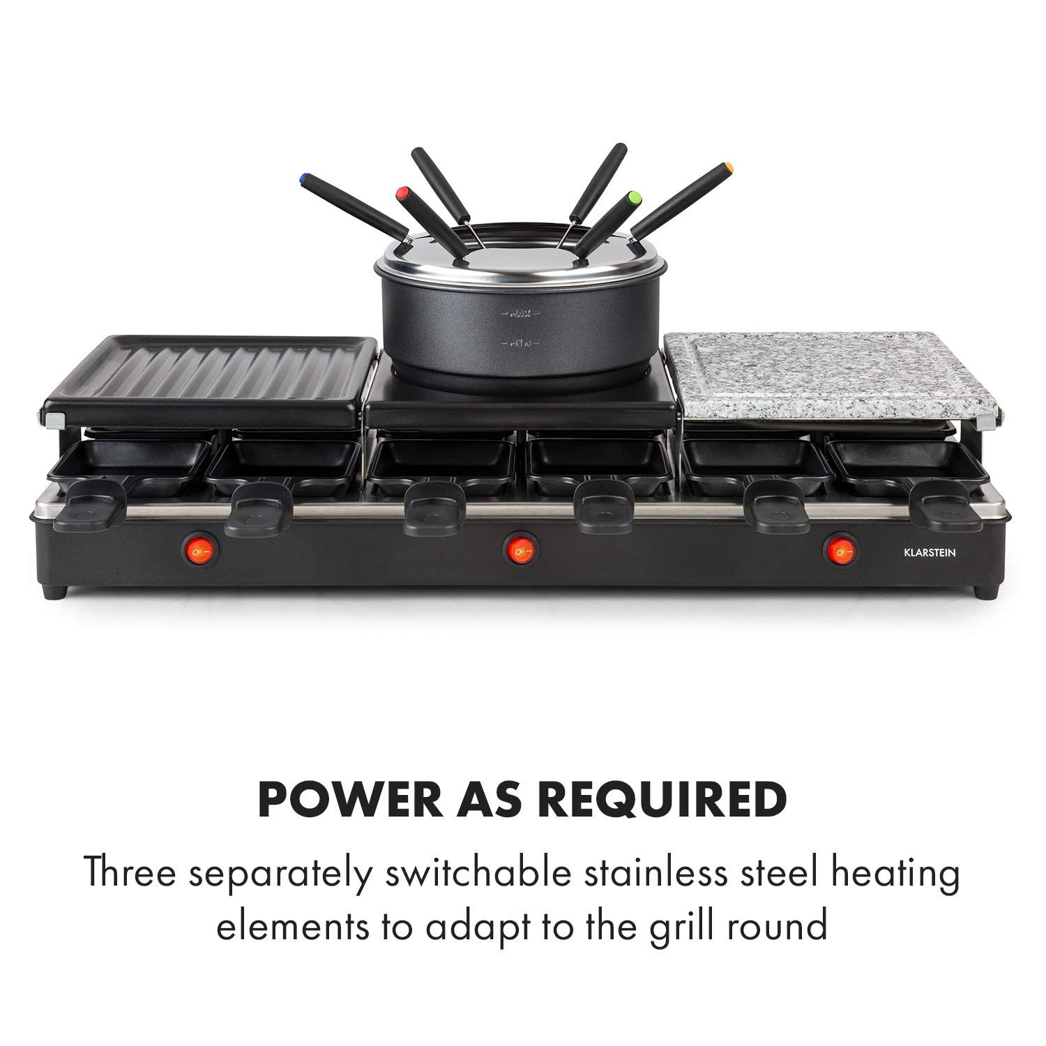 Klarstein Fonduelette XL - Set de Raclette y Fondue 3 en 1, 1650 Vatios, 3 Placas de Parrilla: Metal/Piedra Natural/Crepes, 3 Resistencias Inox Separadas, hasta 12 Personas, Antiadherente, Negro