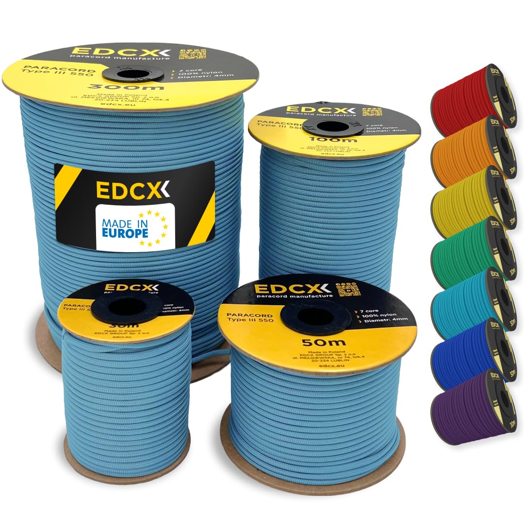 EDCX 4mm Nylon Paracord 550 15m (50 feet) | Ideal for Camping, Survival, Outdoor, Crafting, DIY | 100% Nylon Rope 4mm | Paracord 550 Type III in Solid Color (Skylight, 15 m)